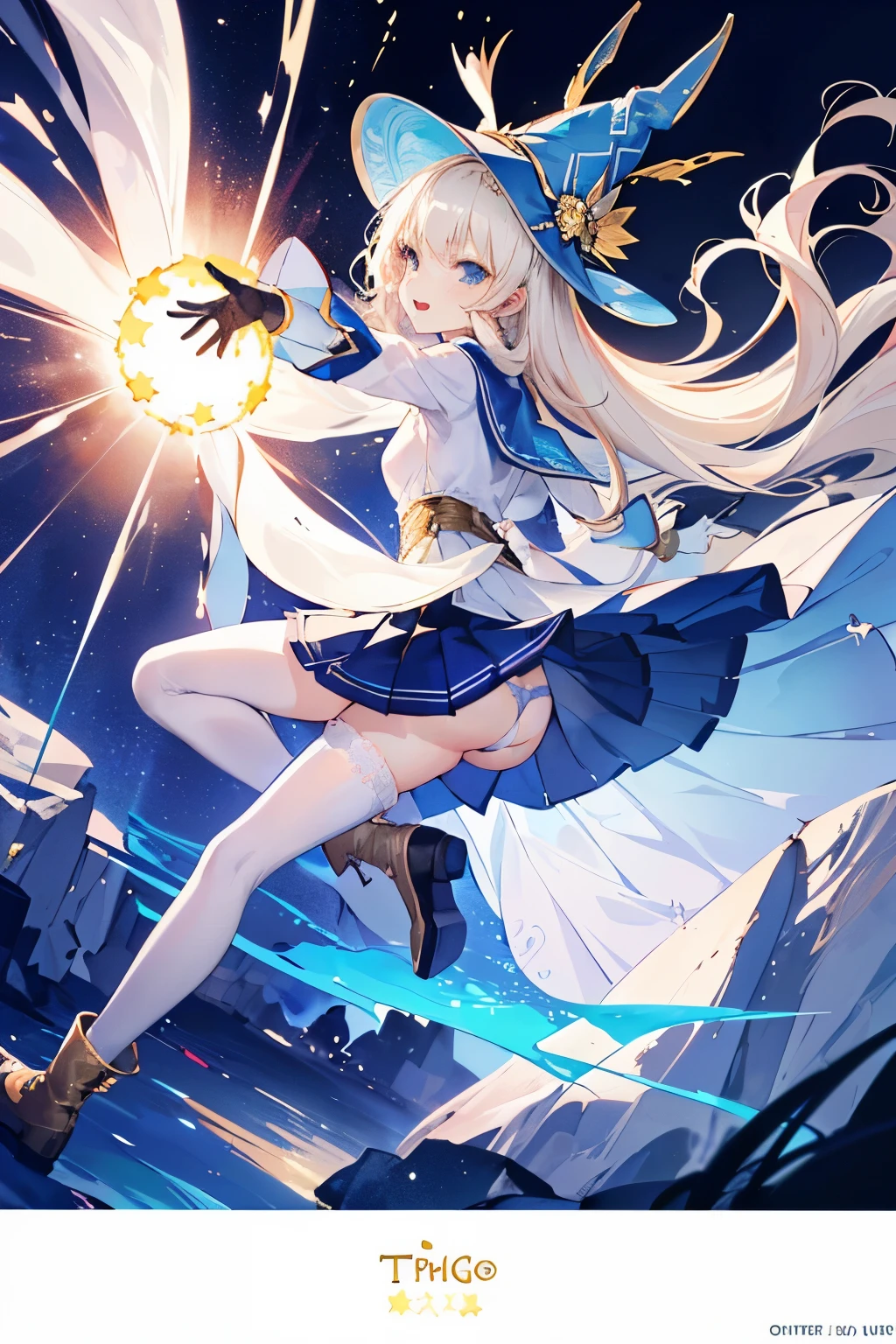 (((1girl))), ((best quality)), ((masterpiece)), ((ultra-detailed)), (illustration), (detailed light), (an extremely delicate and beautiful), (beautiful detailed eyes), (sunlight), ((extremely light)), ((extremely clothes)), (((hyper detail))),(((((front lighting))))),(((((front light))))),
((((quite adorable magical dress with brief pleated skirt and magical hat)))),
, (((Mage))),
(((wavy long hair))), ((((platinum blonde hair)))), (((long hair))),
(((sky blue eyes))),
((((whole body)))), aged 5 to 8, ((((())))), (((((quite adorable young girl))))),
(((condescending expression))), (mischievous smile with sexual satisfaction), (((extra adorable))), (((extra slender shape))),
(((extremely beautiful detailed face))),
((elegant magic gloves)),
((elegant magic boots)),
(((bravely and dynamically attacking enemies with a Magic of Star Light Explosion))), ((Dutch angle)), (((magical gold panties))), ((((rear view)))),
(((()))),
(((extremely thin thighagical stockings)))