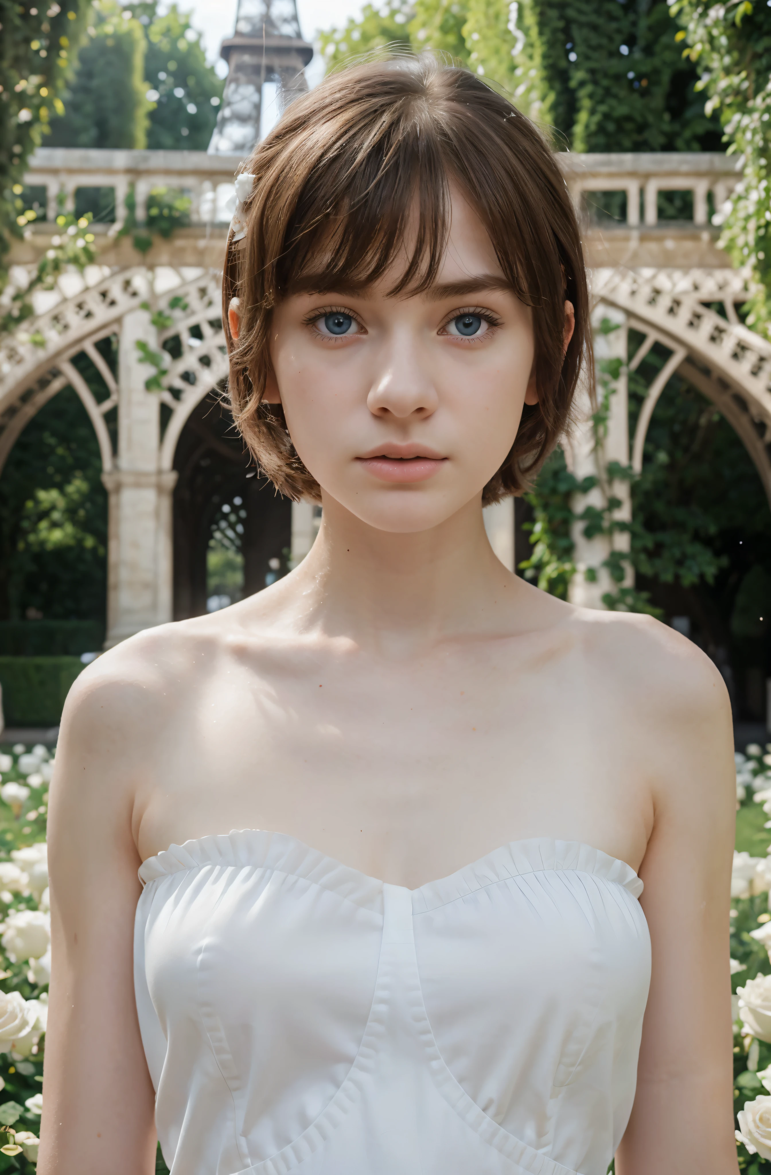 (Mejor calidad,hyper realistic,ultra detallado,8K), adolescente, Fifteen years old, shy, sad, palidez, grandes ojos azules, piel muy blanca, small nose, short brown hair with bangs, melancholia, delicado, femenino, cuerpo delgado, garden of a thousand white roses, Torre Eiffel.