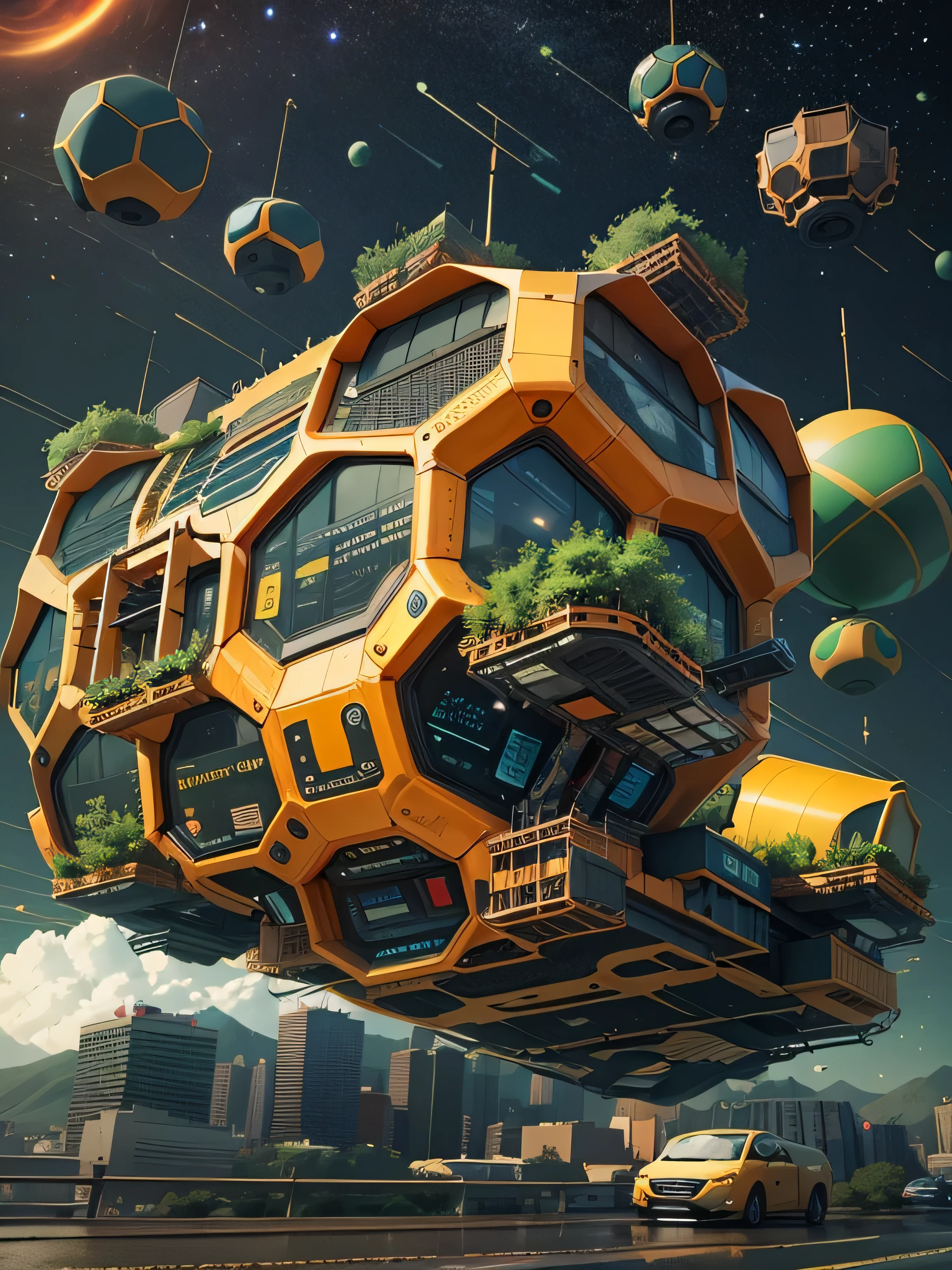 The floating cells of the future of transportation, actual, Work, cyberpunk, HOVERcar STYLE, car, flight, Air,City, street, THROUGH THE Air, drive, High, building, Ski facilities, CitySCAPE,Used to travel between universes,Beehive logo on the cabin,Each space has a different division of labor,Traveling the universe background,