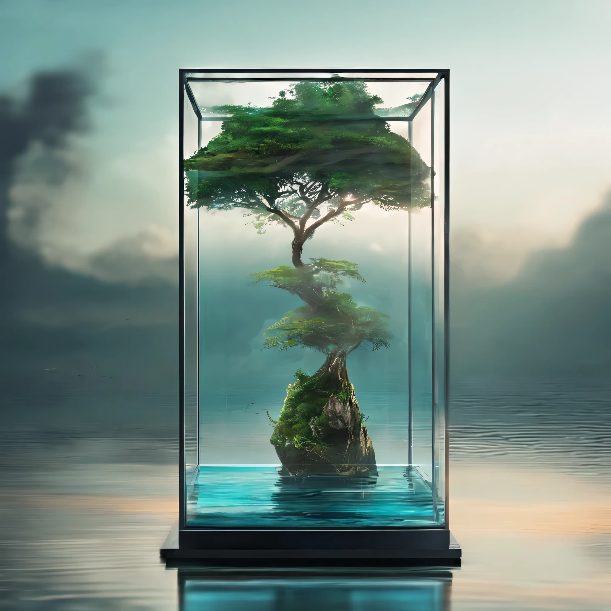 The boundless sea,glass box suspended on water,There is a tree in the glass box,clean screen