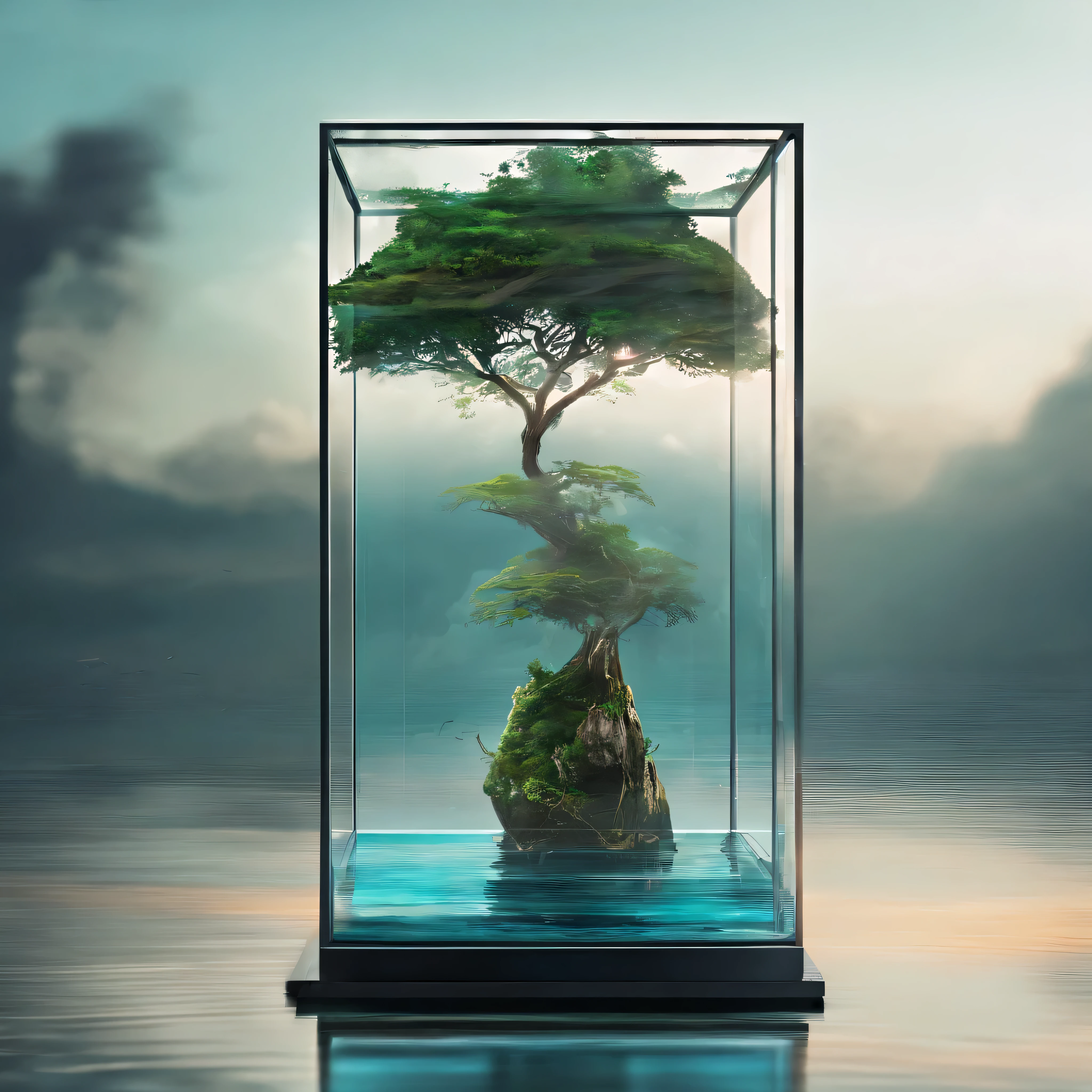 The boundless sea,glass box suspended on water,There is a tree in the glass box,clean screen