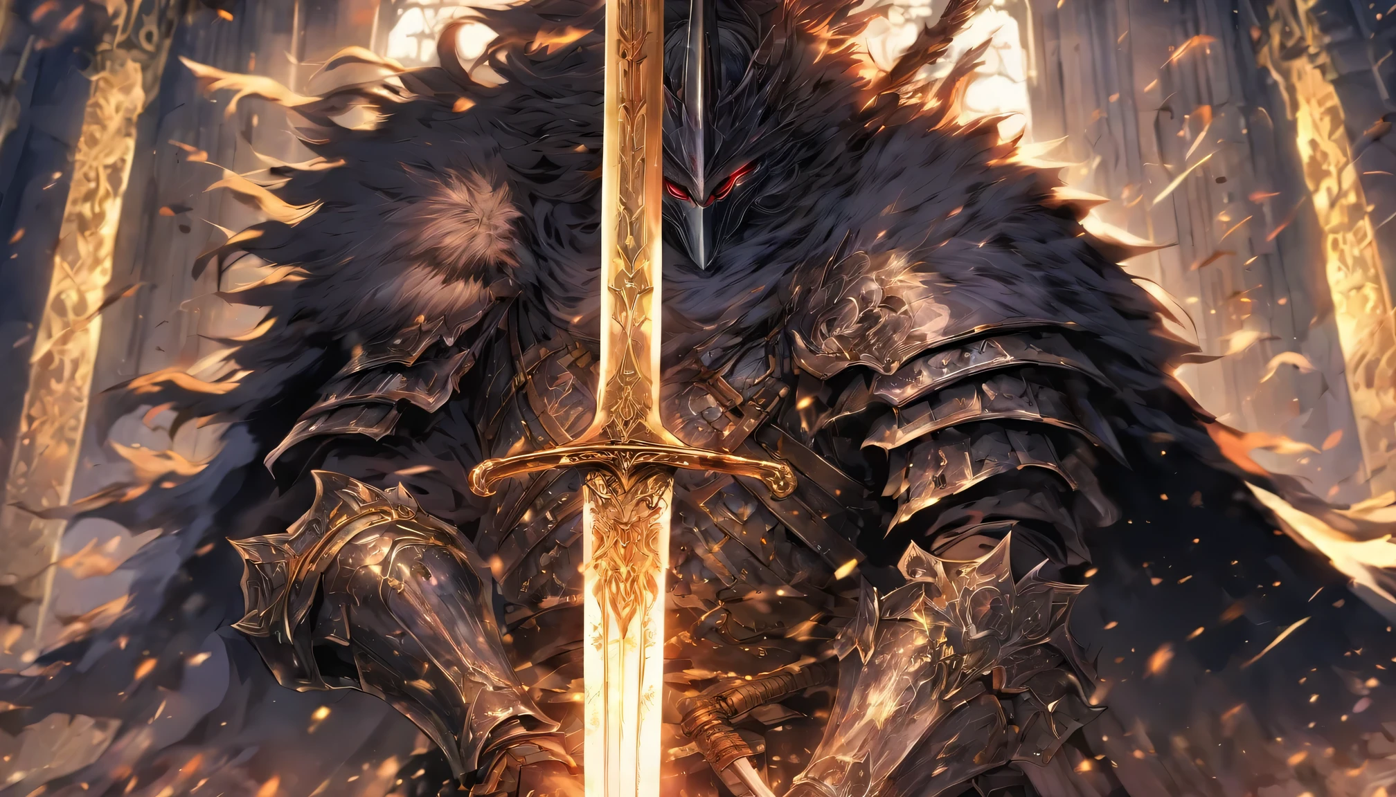 Animated character holding a knife in front of a building, fallen article, from ararticles, gothic article, evil article, A wolf'style, fantasy article, article, Royal Emperor, dark souls article, grey-white plated armor, Wearing heavy armor with a cloak, Black heavy armor with gold trim, Smooth animated CG art, aorta, shining sword