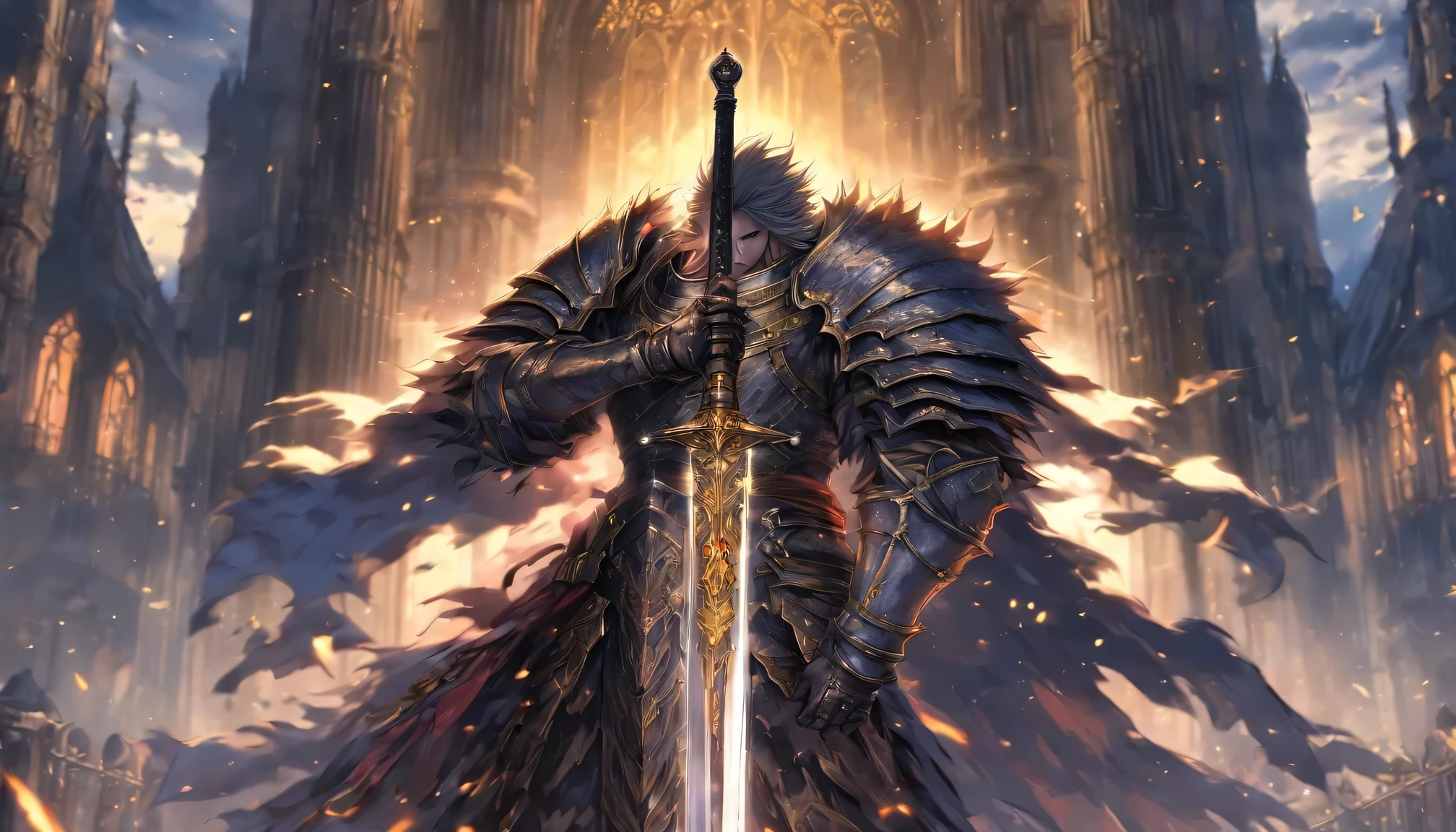 Animated character holding a knife in front of a building, fallen article, from ararticles, gothic article, evil article, A wolf&#39;style, fantasy article, article, Royal Emperor, dark souls article, grey-white plated armor, Wearing heavy armor with a cloak, Black heavy armor with gold trim, Smooth animated CG art, aorta, shining sword