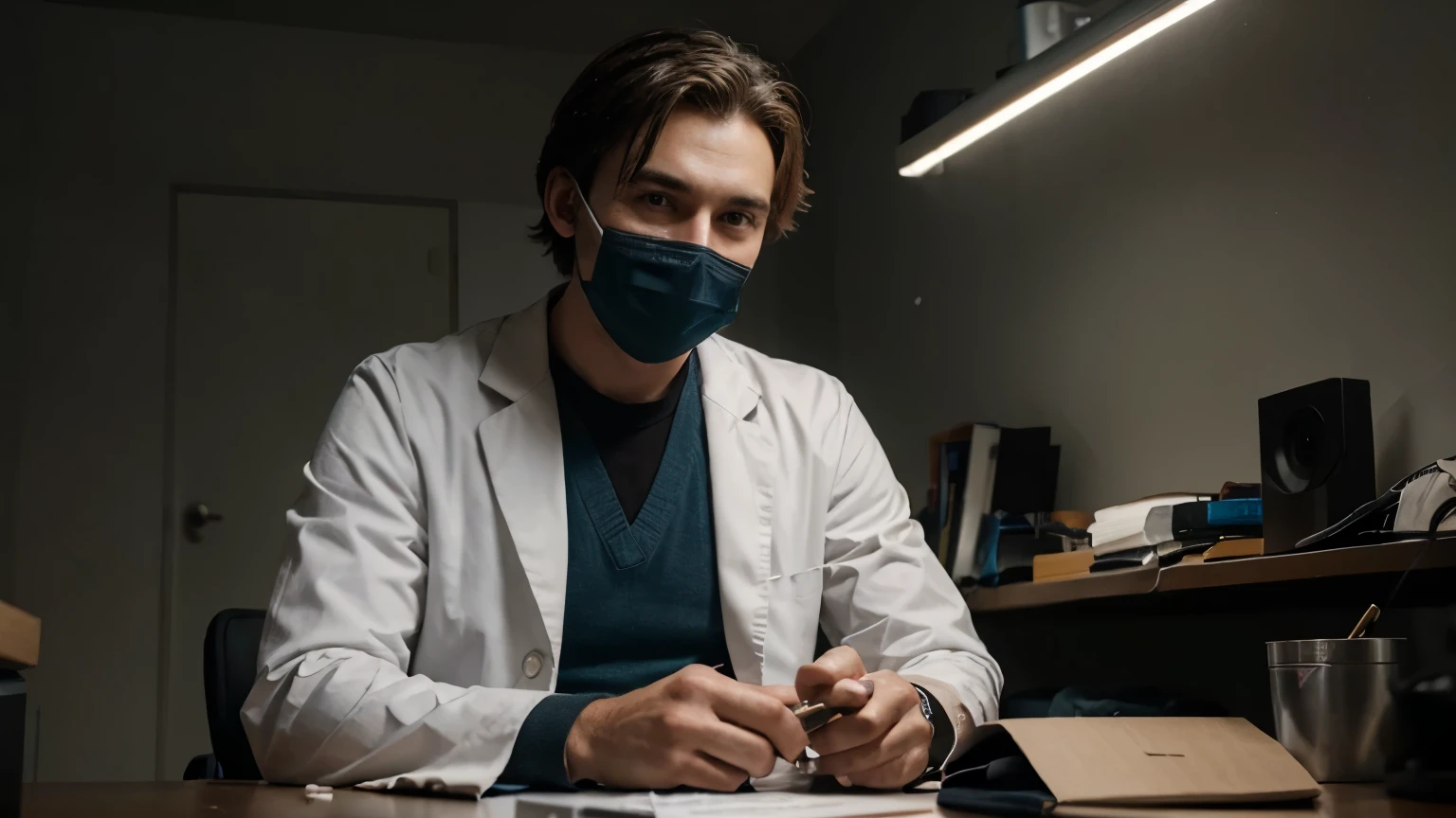 generate ultra realistic male doctor with face mask sitting on the work table in the dark room looking in the camera and talking