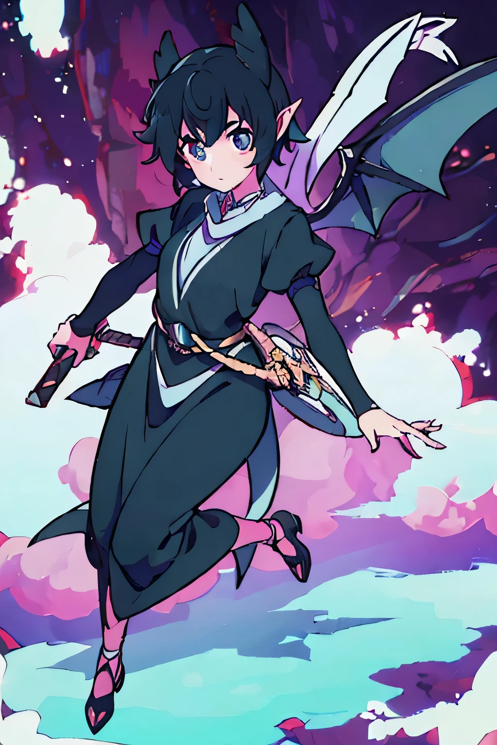 (best quality,4k,8k,high resolution,masterpiece:1.2),Super detailed,(actual,photoactual,photo-actual:1.37),small woman,Wing details,Beautiful and delicate eyes,Beautiful and delicate lips,black hair, mature appearance,fly in the sky,fantasy,enchanted forest,dark atmosphere,mysterious lights,gothic style,bright colors,bat-like wings,contour,ethereal beauty