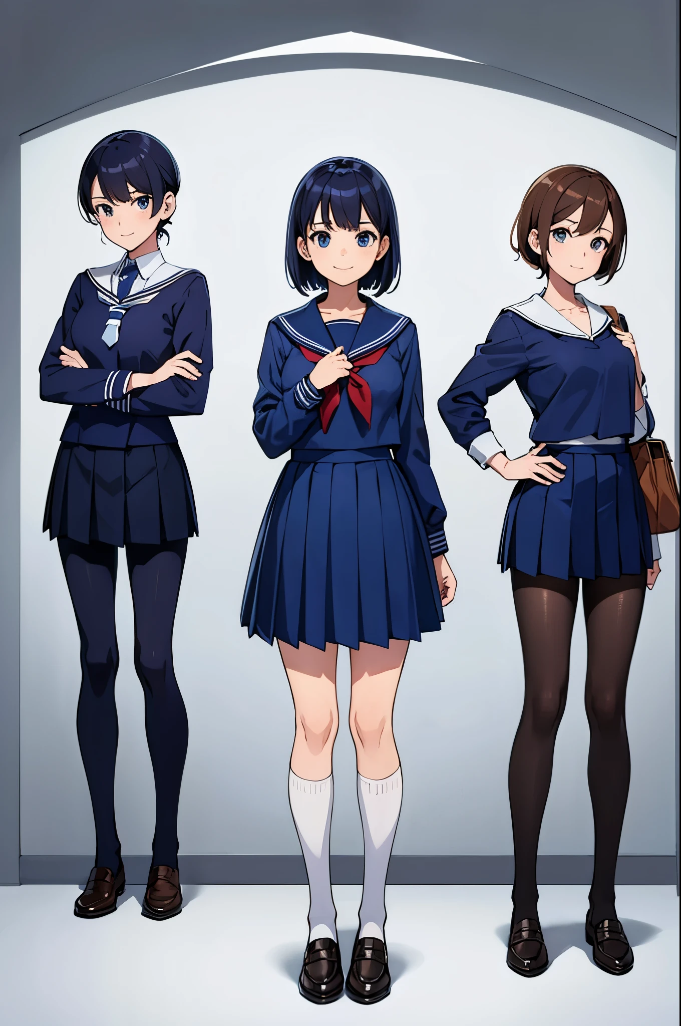 Wearing school uniforms，Sailor suit，blue clothes，stand，Smile，(((front)))，Wearing brown leather shoes，whole body，blank background