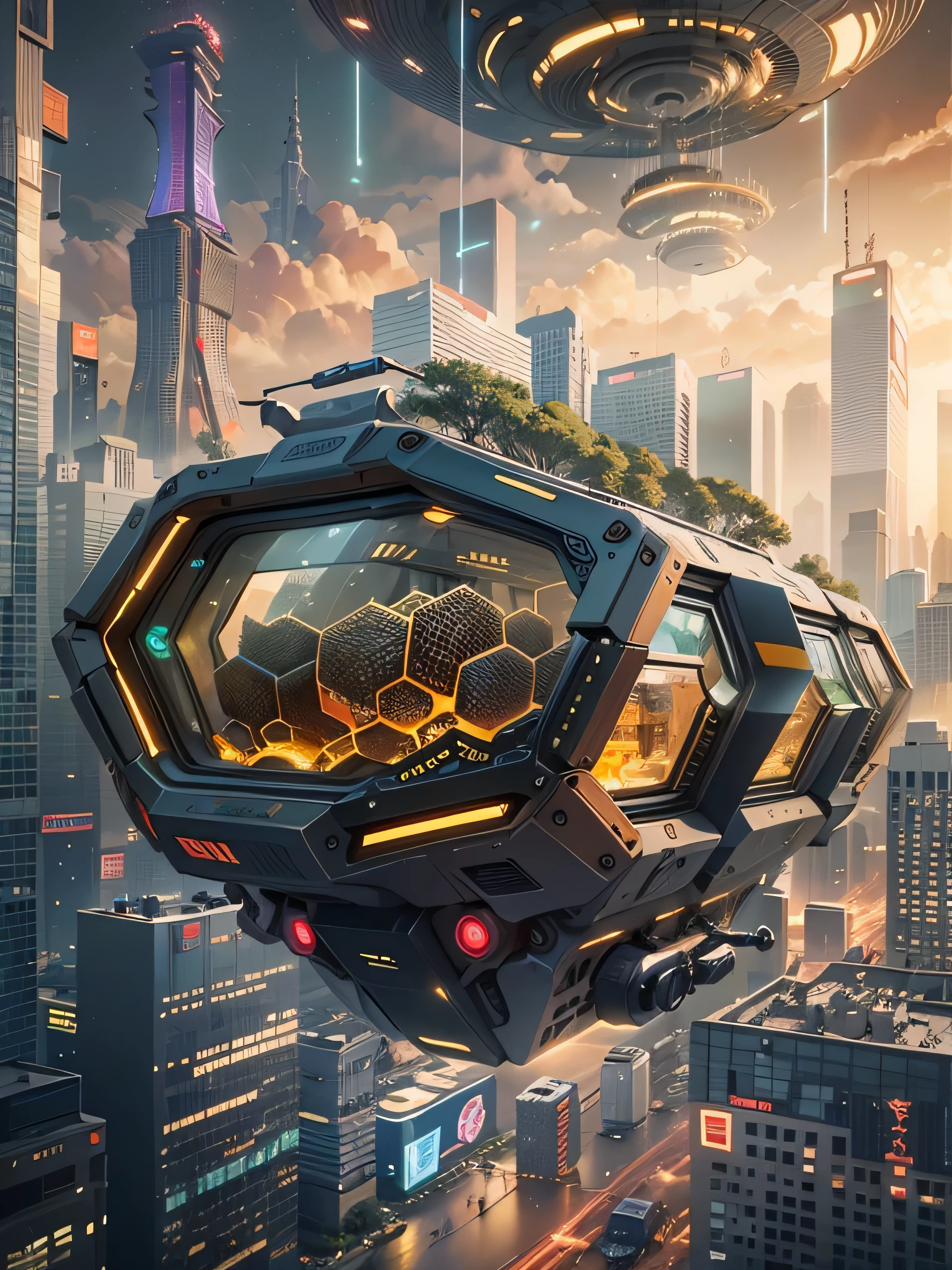 The floating cells of the future of transportation, actual, Work, cyberpunk, HOVERcar STYLE, car, flight, Air,City, street, THROUGH THE Air, drive, High, building, Ski facilities, CitySCAPE,Used to travel between universes,Beehive logo on the cabin,Each space has a different division of labor,Traveling the universe background,