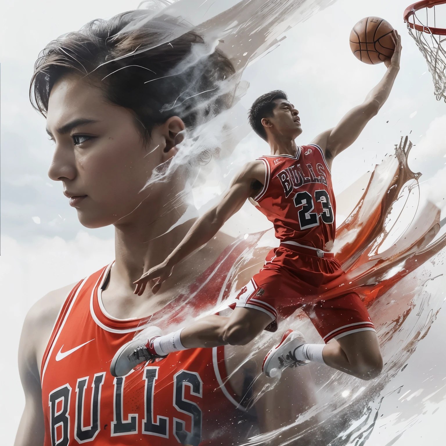 Terinspirasi dari poster film, double exposure, tertulis judul "DANIEL". seorang pria china tampan, kulit putih bersih, gaya rambut short undercut, badan midweigh, sedang melakukan slam dunk gaya air jordan, memakai kostum basket warna merah dengan tulisan BULLS nomer 23, posisi dinamis, kamera SELURUH TUBUH, detail rumit, kedalaman bidang, mahakarya, poster pemenang penghargaan, warna cerah, fotografi, mesin tidak nyata 5, penelusuran sinar