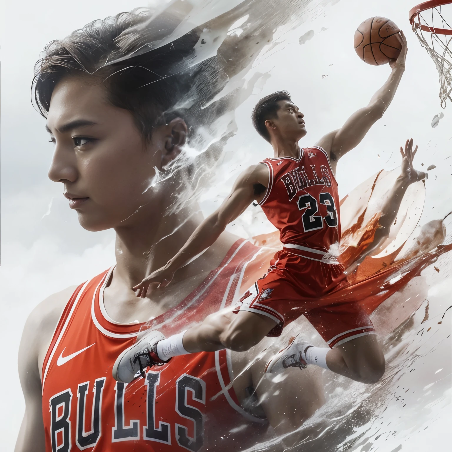 Terinspirasi dari poster film, double exposure, tertulis judul "DANIEL". seorang pria china tampan, kulit putih bersih, gaya rambut short undercut, badan midweigh, sedang melakukan slam dunk gaya air jordan, memakai kostum basket warna merah dengan tulisan BULLS nomer 23, posisi dinamis, kamera SELURUH TUBUH, detail rumit, kedalaman bidang, mahakarya, poster pemenang penghargaan, warna cerah, fotografi, mesin tidak nyata 5, penelusuran sinar