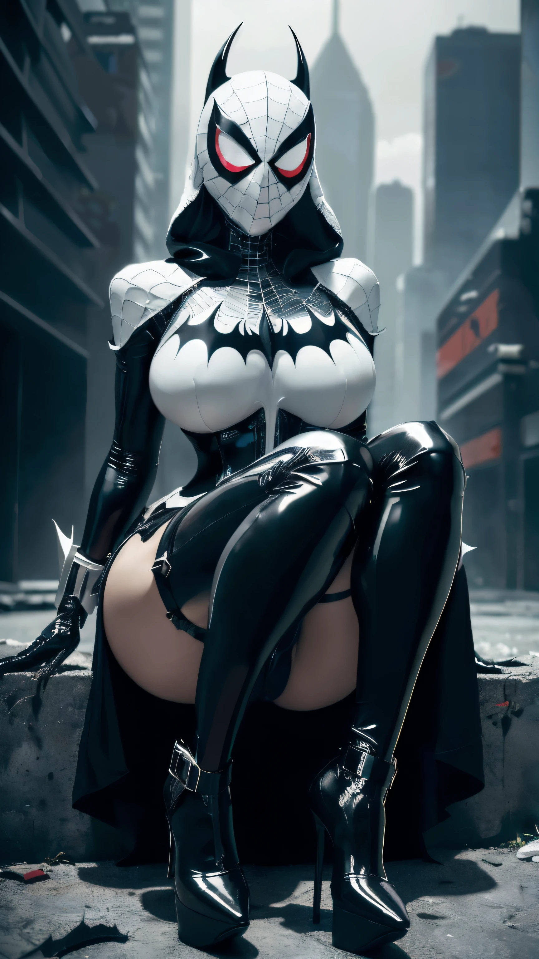 (Best quality, one person, ((masterpiece)), 8k, raw, ((a hot chick young beautyful big tits girl)), ((detailed face)), (there is a dark cyber city in the background), (good anatomy), her clothes are very torn in several places, detailed eyes, detailed face, (((black white latex with Garter Belts Sexy ))), (((good anatomy))), (big tits), (PUSH UP TITS), (((WEARING A white VENOM batman spiderman cyborg mask))), (tits on focus), ((full body)), ((wearing high heels)), ((venom outfit)), (((venom))), white and black spiderman venom, venom absortion, batman, (diablo) , (((horror style background))), (((blood flows on the ground))), wearing a white hood, it is photographed from below, (((she has a big venom face))), ((she looks up)), ((her costume are very torn in several places)), platform high heels, sitting, crossed legs, full body, hot long legs, carbon corset, (cyborg)