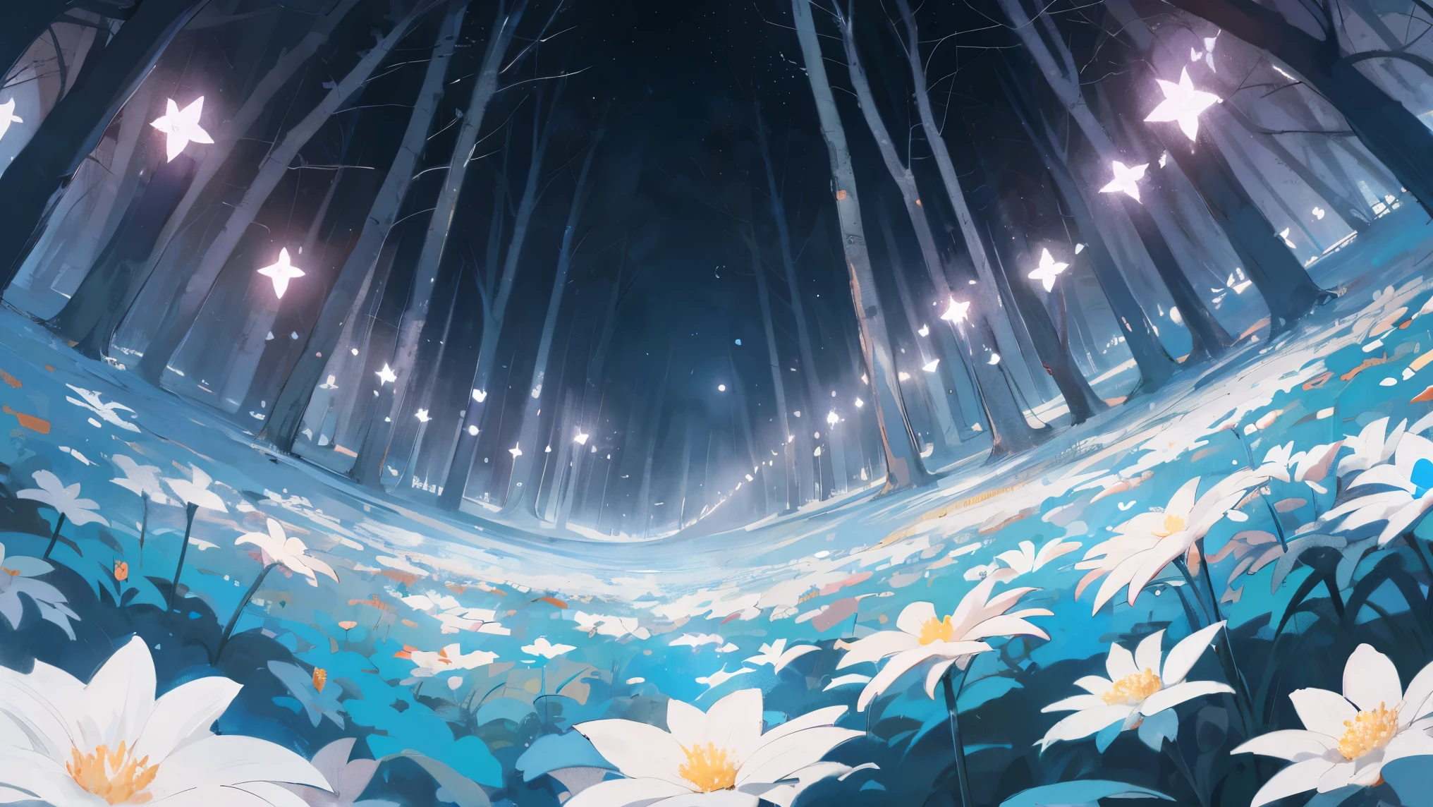 A vacant lot，Flowers grow in open spaces，In the distance is a dark forest，The flowers are bright，light sparkles，Clear skies change from above to dark skies，Look at the camera from below，Dark lighting，volume illumination，super-detail，Environmental details，highs quality，coverpage，Fantasia，Arte，MasterPiece，best best quality