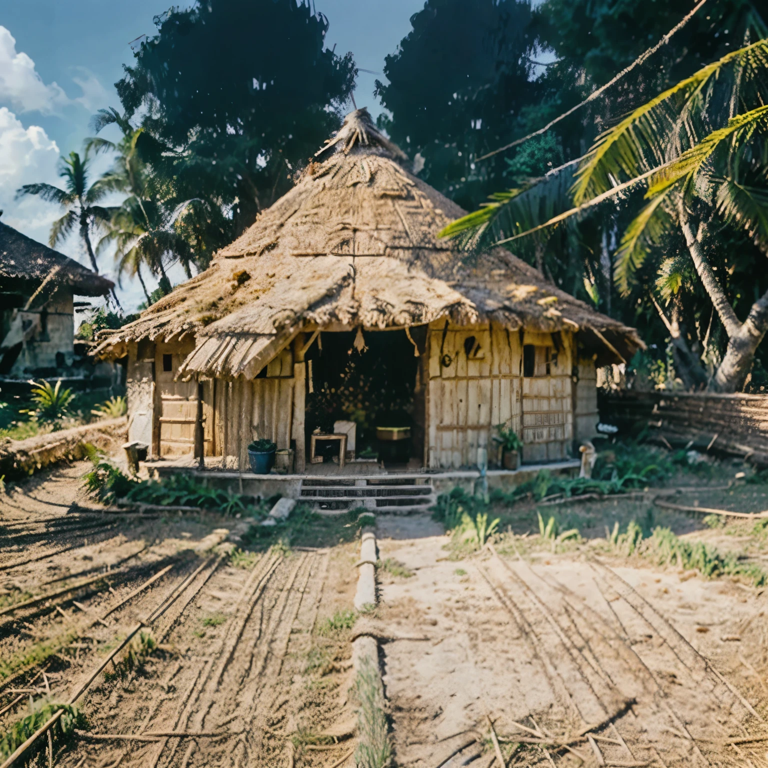 A traditional Filipino bahay kubo (nipa hut) stands proudly amidst coconut trees, representing the simplicity and warmth of Filipino rural life.