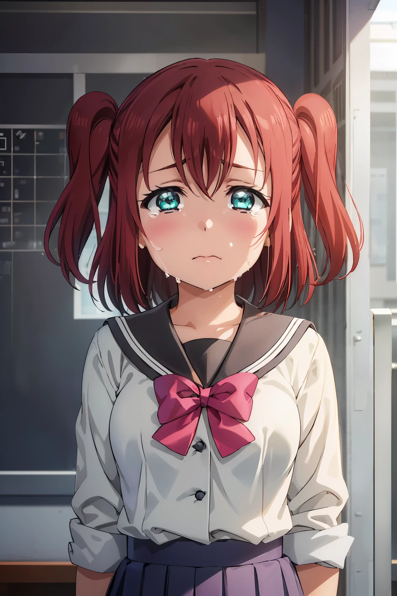 (((pixel-perfect, detail-perfect))), solo, 1girl, ruby kurosawa, uranohoshi school uniform, bowtie, looking at viewer, ((sad)), close mouth, (crying), ((upper body)), small breasts 