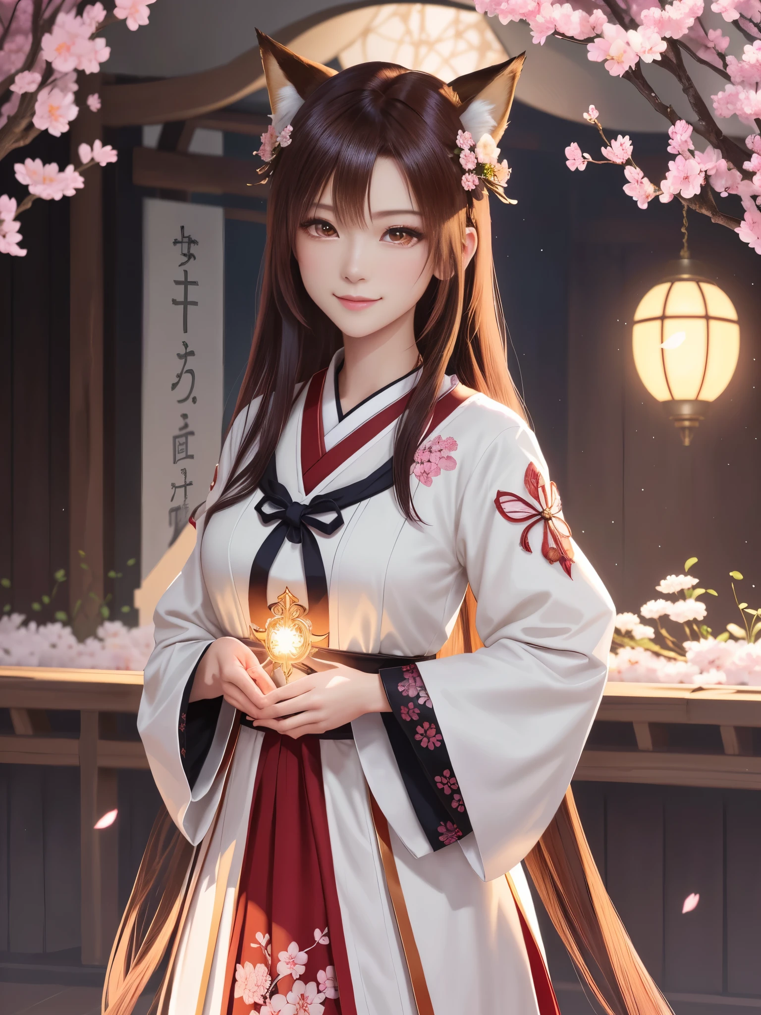 masterpiece , best quality,close up of face,smile,smile,small face,the whole body is facing forward,肩のexposed,exposed,bright brown hair,slender body shape,brown eyes,sharp contrast,short hair,美しいフォルムのshort hair,just one person,precision quality,Faithfully reproduced eyes, 一面に咲くcherry blossom background,masterpiece, 幻想的なcherry blossom background,cherry blossom background,beautiful details, colorful, delicate details, delicate lips, intricate details, genuine, ultrargenuineista, 枝に座っている色とりどりの髪のFoxを持つ女の子:Mature, bright eyes, ,色とりどりのFox, raposa de nine tails, 三尾Fox, 三尾Fox, onmyoji detail art, beautiful fine art illustration, mythical creatures, Fox, beautiful digital art,shrine maiden,hold hands,exquisite digital illustration, mizutsune, Inspired by mythical wild web creatures, pixiv in digital art, shining light, high contrast, Mysterious,