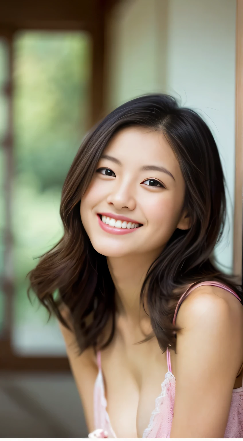 Japanese ),((beautiful girl)),cleavage,An expression that imagines something pleasant:1.2,(perfect body beauty:1.2),((perfect body)),(shy smile),beautiful teeth,