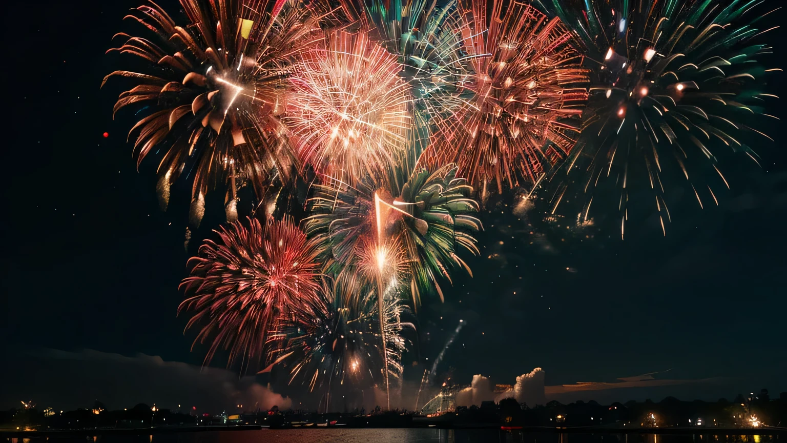 a sky full of fireworks, main color is red, Hyperrealism, ccurate, highres, best quality