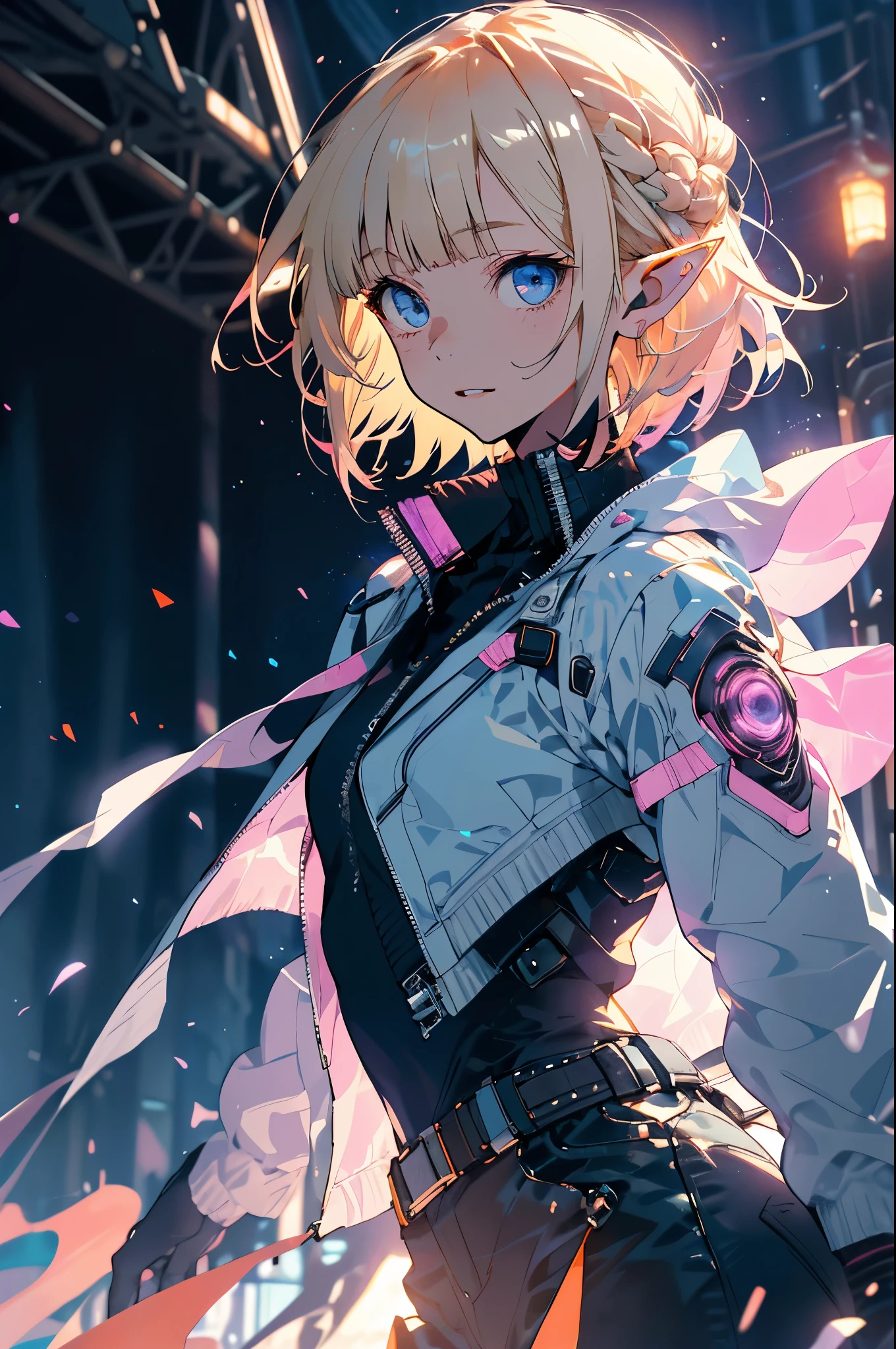 (1eldritch girl), (Beautiful elf girl), ((Ultra high quality)), masterpiece, She wears trendy tech clothes, Maybe a stylish jacket and jeans, Pair with comfortable sneakers. She stood leisurely in the city park, The sun casts a long shadow as it sets behind the character. Warm, Faded sunlight bathes the scene in orange and purple hues, Create a peaceful atmosphere. Capture silhouettes of people against a dim sky background, Highlight the subtle details of the surrounding landscape from day to night. She carries an aura of confidence that is both strong and agile. Perfect body, work clothes, faint smile, fresh, (asymmetrical bangs:1.3), top bun hair, short hair, The face and eyes are very detailed, perfect lips, (white blonde, dark blue eyes:1.2), cyberpunk, science fiction, (Tech suits are pink), The art of math, Aesthetic, backlight, author:Yusuke Murata.