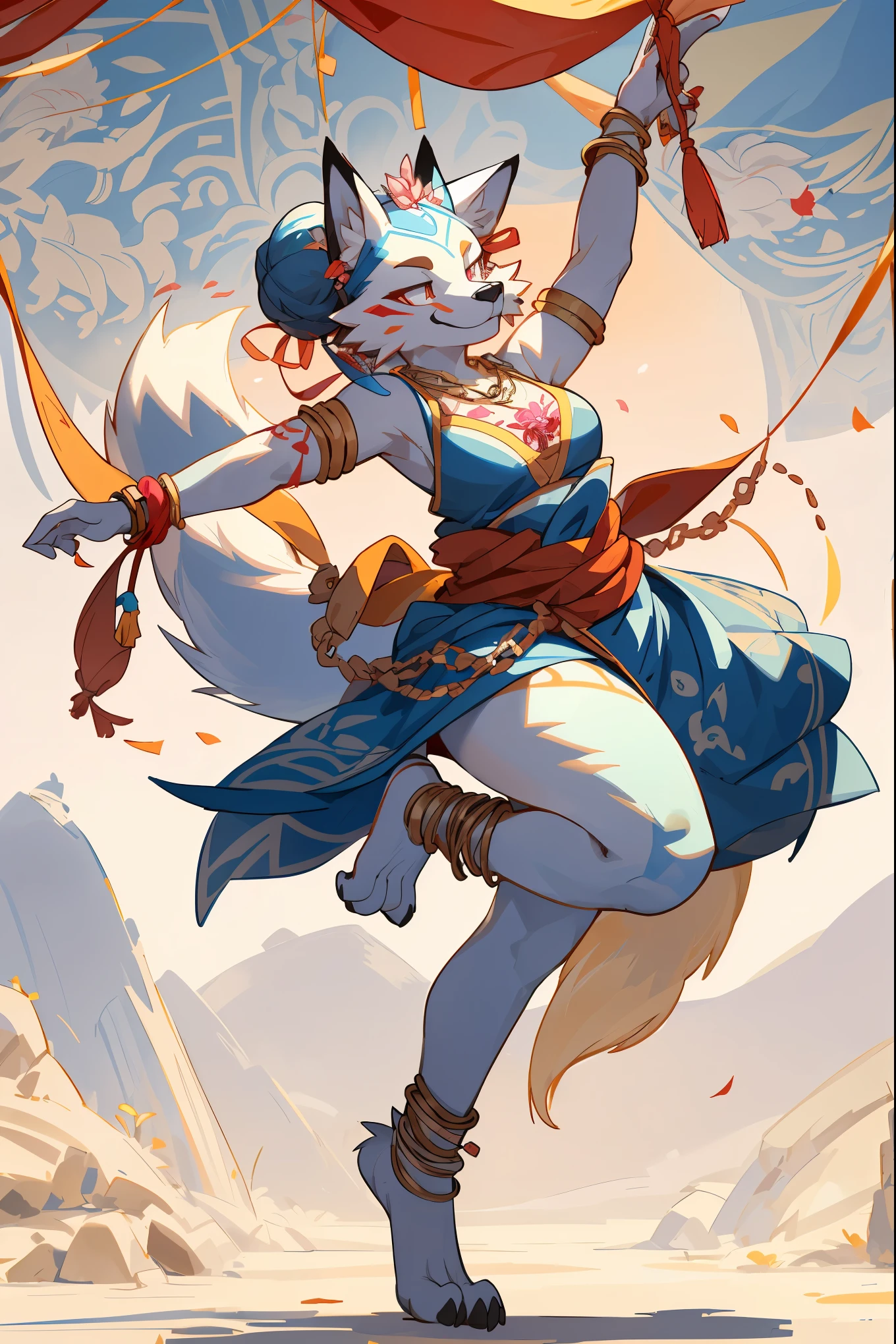 top quality, ancient Chinese beauty(highly detailed beautiful face and eyes)absurdres, perfect anatomy((beast woman, solo focus)) (((furry))) (furry anthro:1.7) ((((Furry body, fox facial features, fox body features)))) ((fox's muzzle, very detailed body fur))full body, dancing pose, gorgeous dress embroidered with intricate embroidery, transparent colorful ribbons tied around her arms, bare shoulders, open neck, wreath, black bun with flower hairpins Belts, armbands with streamers, necklaces, bracelets, anklets, metal chain tassels around the waist, Mogao Grottoes art, inspiration from Dunhuang Flying Apsaras murals, ink wash,