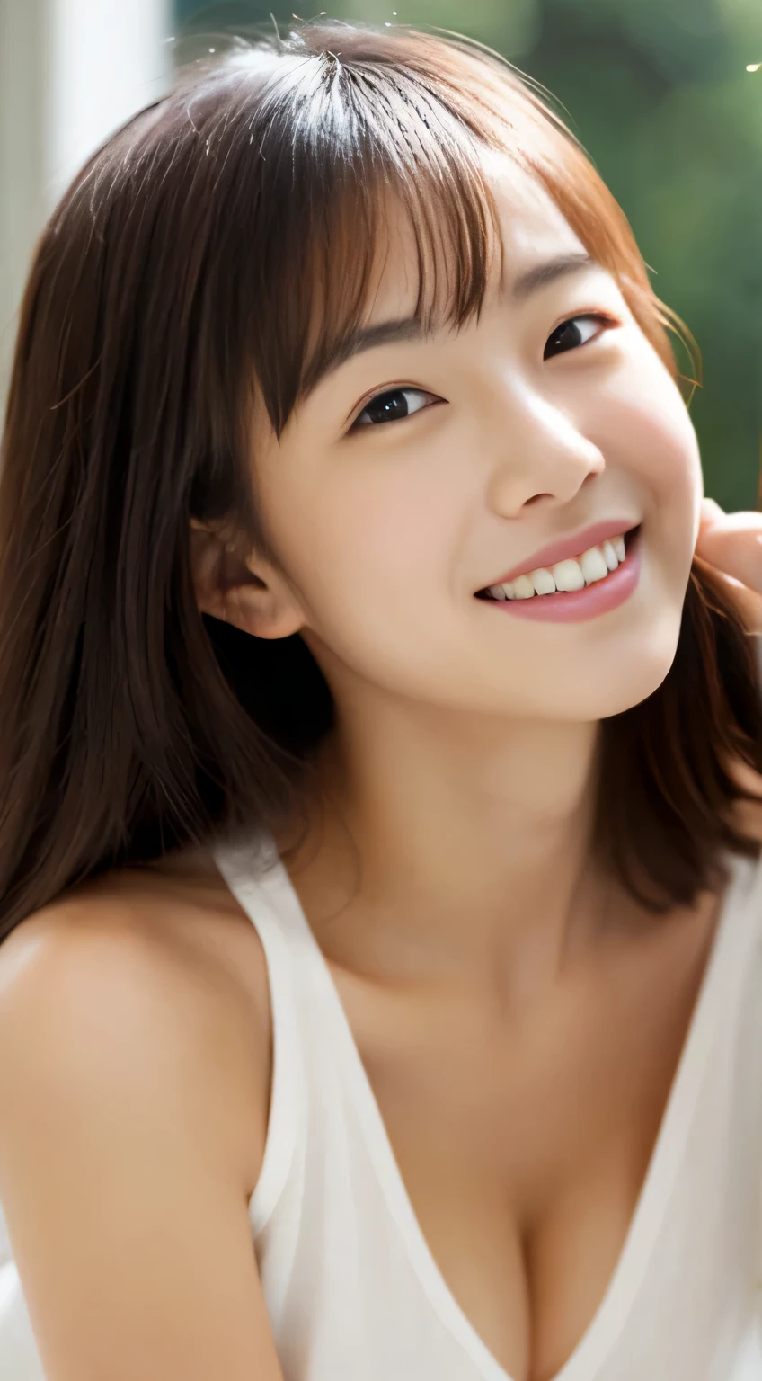 Japanese ),((beautiful girl)),cleavage,An expression that imagines something pleasant:1.2,(perfect body beauty:1.2),((perfect body)),(shy smile),beautiful teeth,