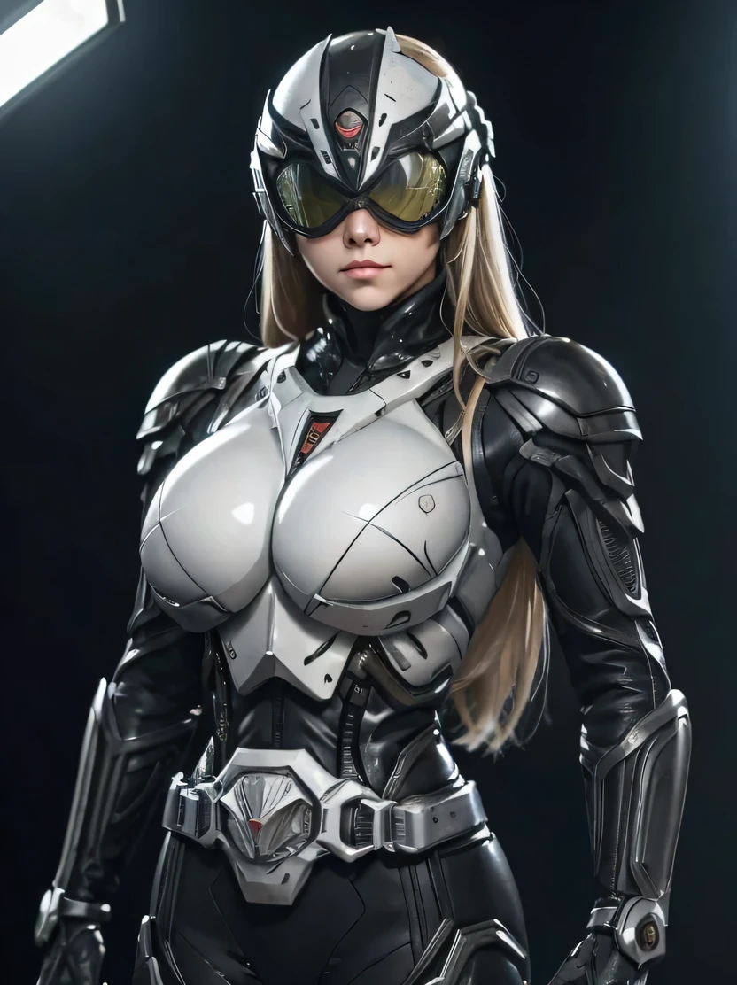 ((masterpiece、highest quality、Super detailed、High resolution、realistic、sharp focus、cinematic lighting))、1 adult female、supple physique、long blonde hair、bust shot、high contrast、military black reinforced armor suit、intricate details、military full face helmet、full face goggles、black combat goggles、black sunglasses、full armor、Full Face Armor、Gun firing、 Detailed depiction of hands、looking at the viewer、battle pose、dynamic action、Came