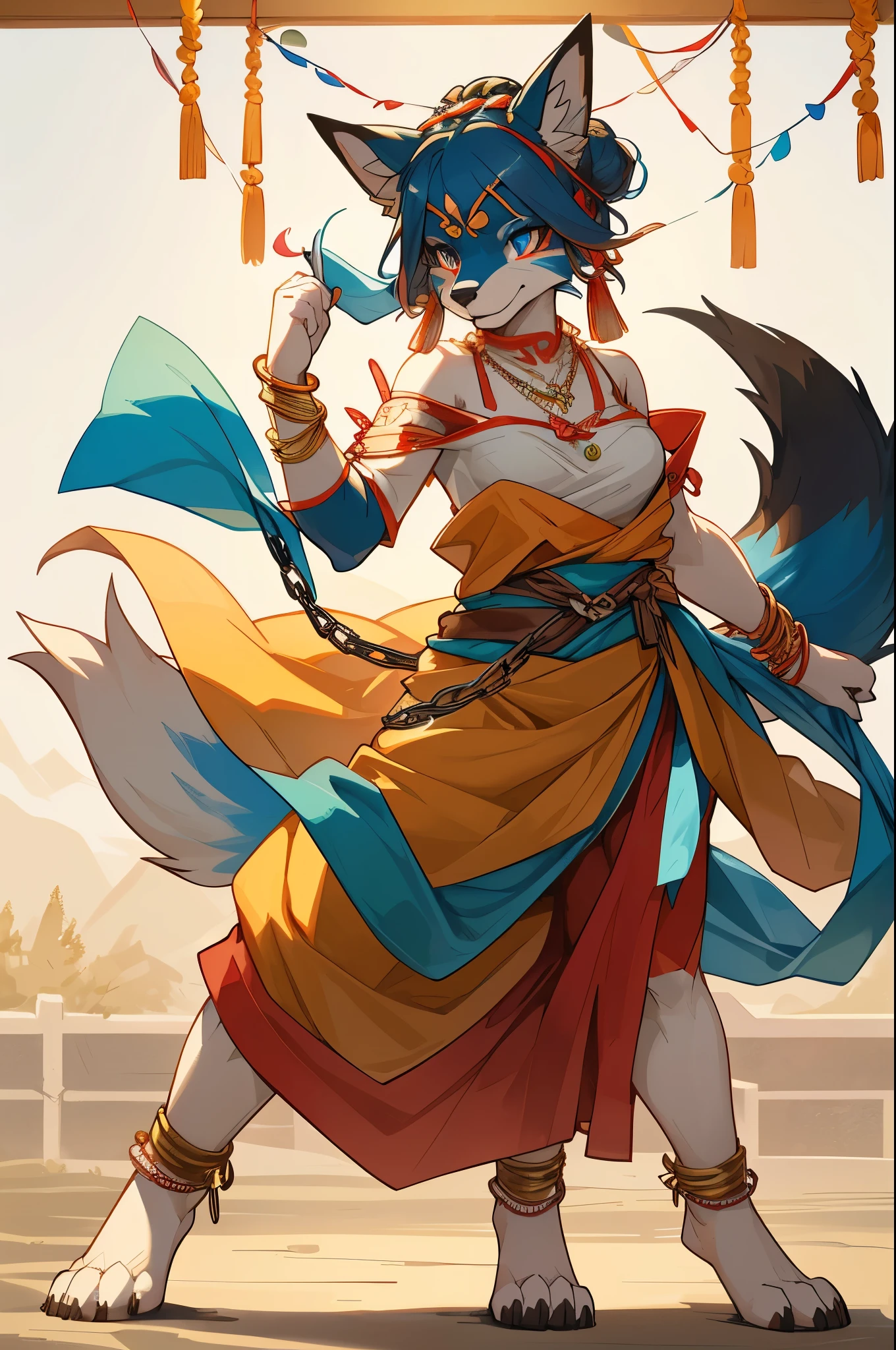 top quality, ancient Chinese beauty(highly detailed beautiful face and eyes)absurdres, perfect anatomy((beast woman, solo focus)) (((furry))) (furry anthro:1.7) ((((Furry body, fox facial features, fox body features)))) ((fox's muzzle, very detailed body fur))full body, dancing pose, gorgeous dress embroidered with intricate embroidery, transparent colorful ribbons tied around her arms, bare shoulders, open neck, wreath, black bun with flower hairpins Belts, armbands with streamers, necklaces, bracelets, anklets, metal chain tassels around the waist, Mogao Grottoes art, inspiration from Dunhuang Flying Apsaras murals, ink wash,