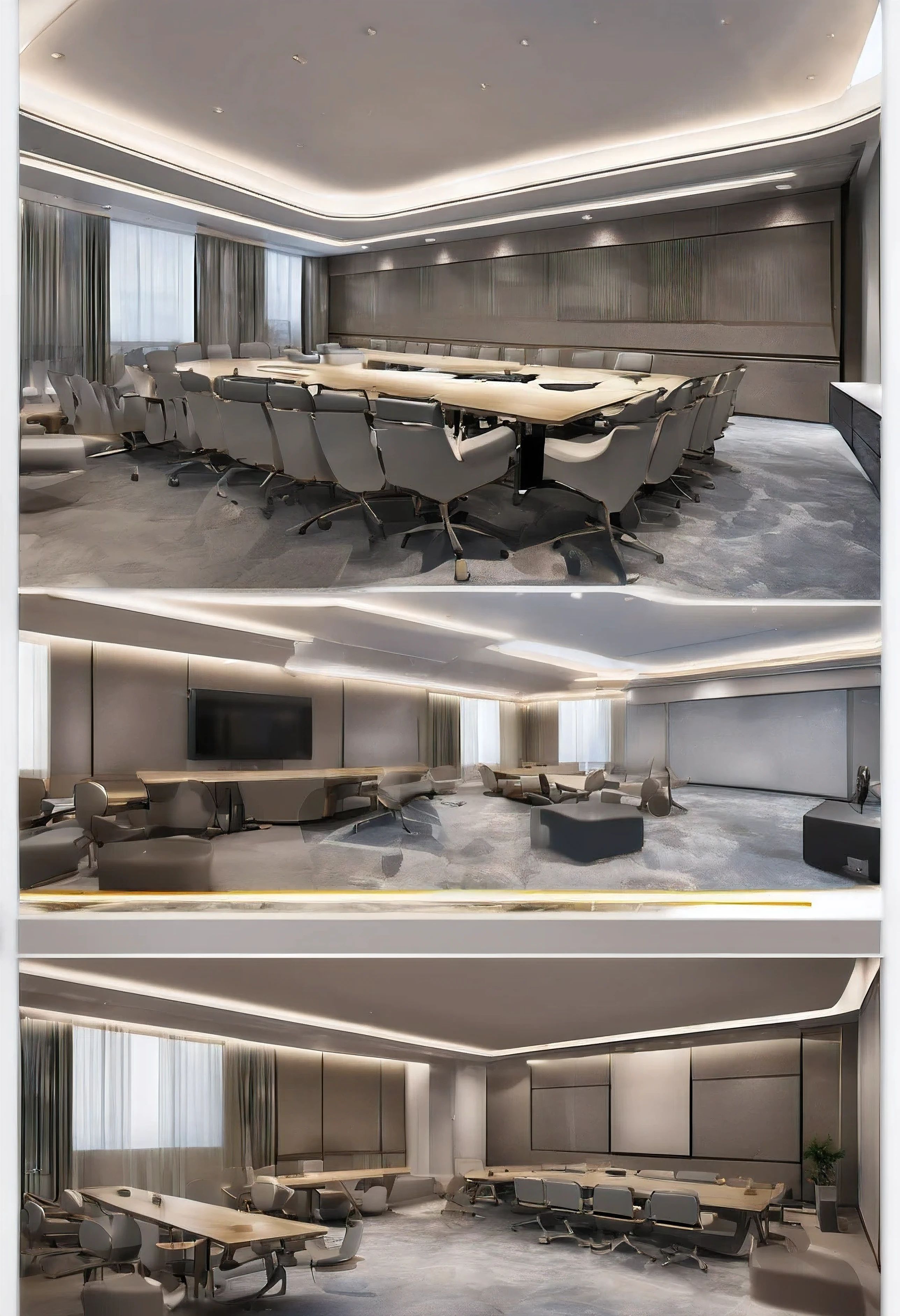 Indoor meeting room，There is an electronic screen，super high quality、Ultra high precision、ultra high resolution，line geometric element design，The sun shines into the room。Need to make interior decoration renderings，Presented by 3DMAX rendering。