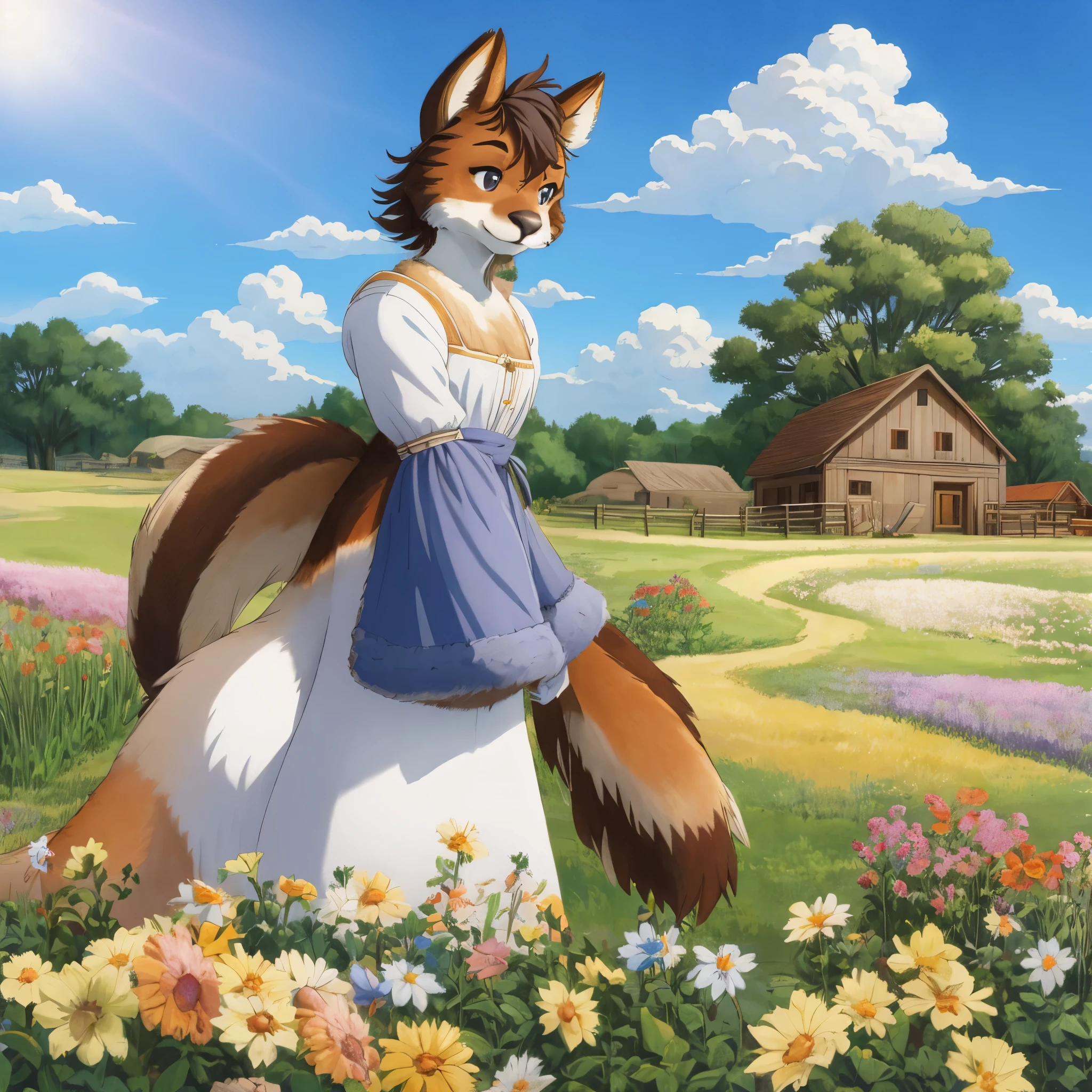 Stacia Burlington style, watercolor, soft color, Vintage images, highres, paid reward available, High-quality illustrations, unparalleled masterpiece(movie of life)Country farm, track, Blue sky and clouds, florals々Beautiful garden(furry anthro:1.7)absurdres(highly detailed beautiful face and eyes)perfect ???????, expression, caustics, dynamic lighting, lens flare, deep shadow, dynamic angle,