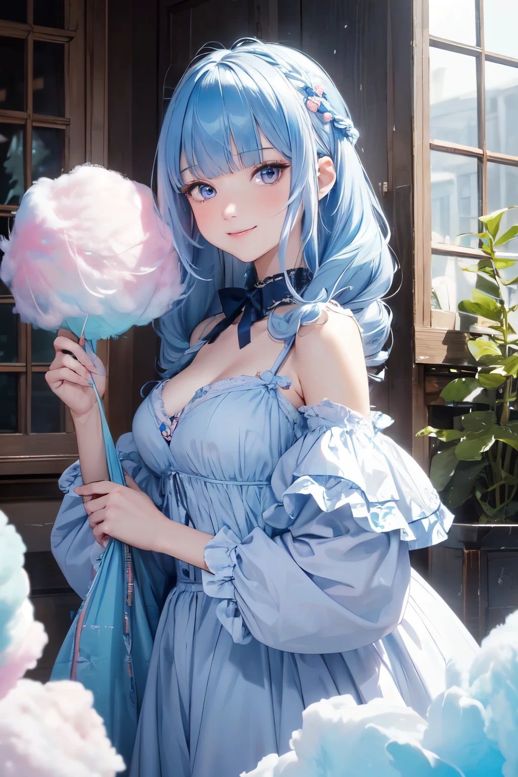 (8K, best quality, muste piece:1.2)、ultra high resolution、1 16-year-old woman,,(((holding a big cotton candy))),ultra-detailed face,mysterious eyes,(blue hair,light blue inner hair),blunt bangs,wavy hair,(Teddy Girls fashion),detailed hand fingers,small breasts,smile,conservatory
