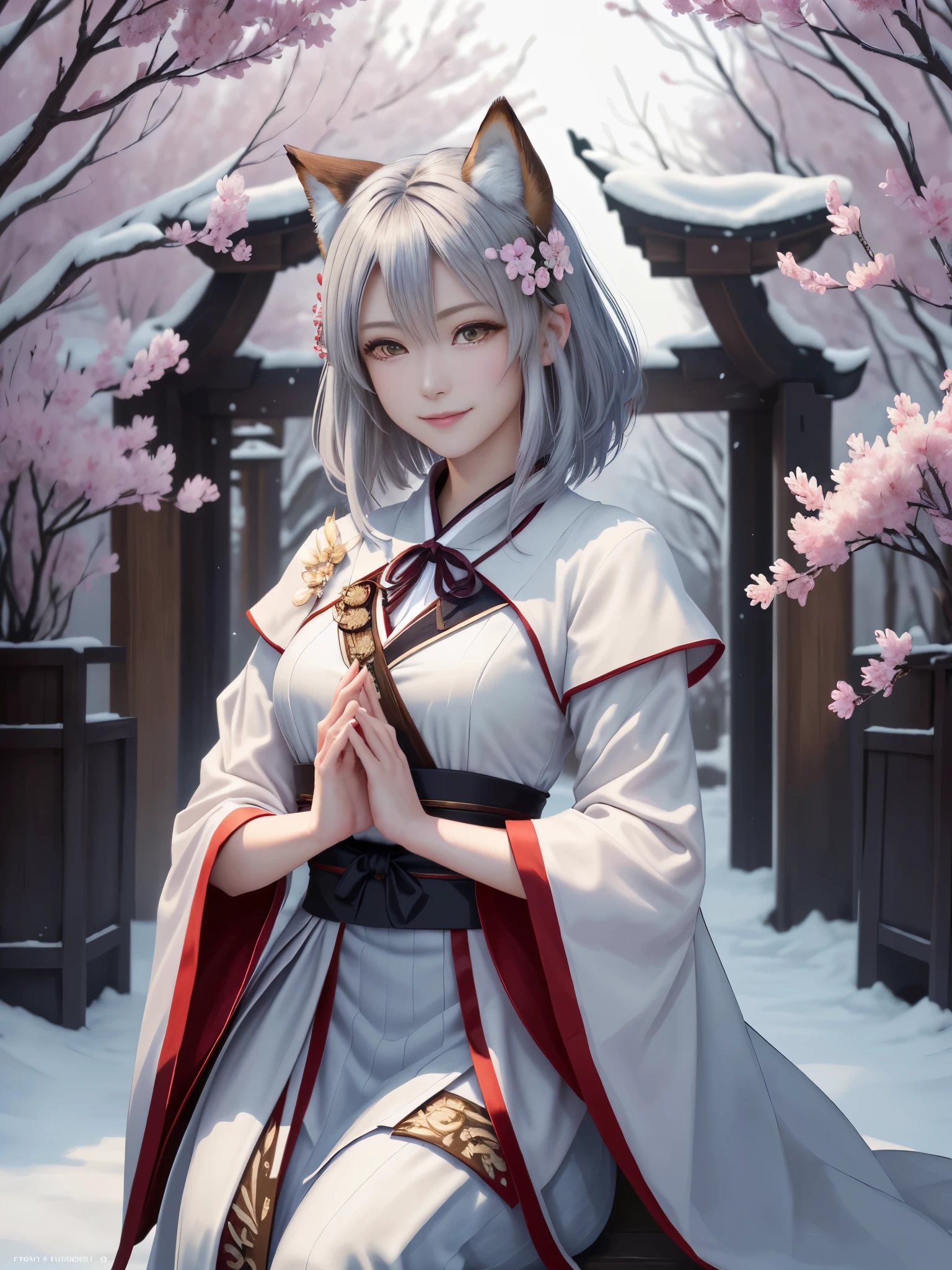 masterpiece , best quality,close up of face,smile,smile,small face,the whole body is facing forward,肩のexposed,exposed,bright silver hair,slender body shape,brown eyes,sharp contrast,short hair,美しいフォルムのshort hair,just one person,precision quality,Faithfully reproduced eyes, 一面に咲くcherry blossom background,snow scene,masterpiece, 幻想的なcherry blossom background,cherry blossom background,beautiful details, colorful, delicate details, delicate lips, intricate details, genuine, ultrargenuineista, 枝に座っている色とりどりの髪のFoxを持つ女の子:Mature, bright eyes, ,色とりどりのFox, raposa de nine tails, 三尾Fox, 三尾Fox, onmyoji detail art, beautiful fine art illustration, mythical creatures, Fox, beautiful digital art,shrine maiden,hold hands,exquisite digital illustration, mizutsune, Inspired by mythical wild web creatures, pixiv in digital art, shining light, high contrast, Mysterious,
