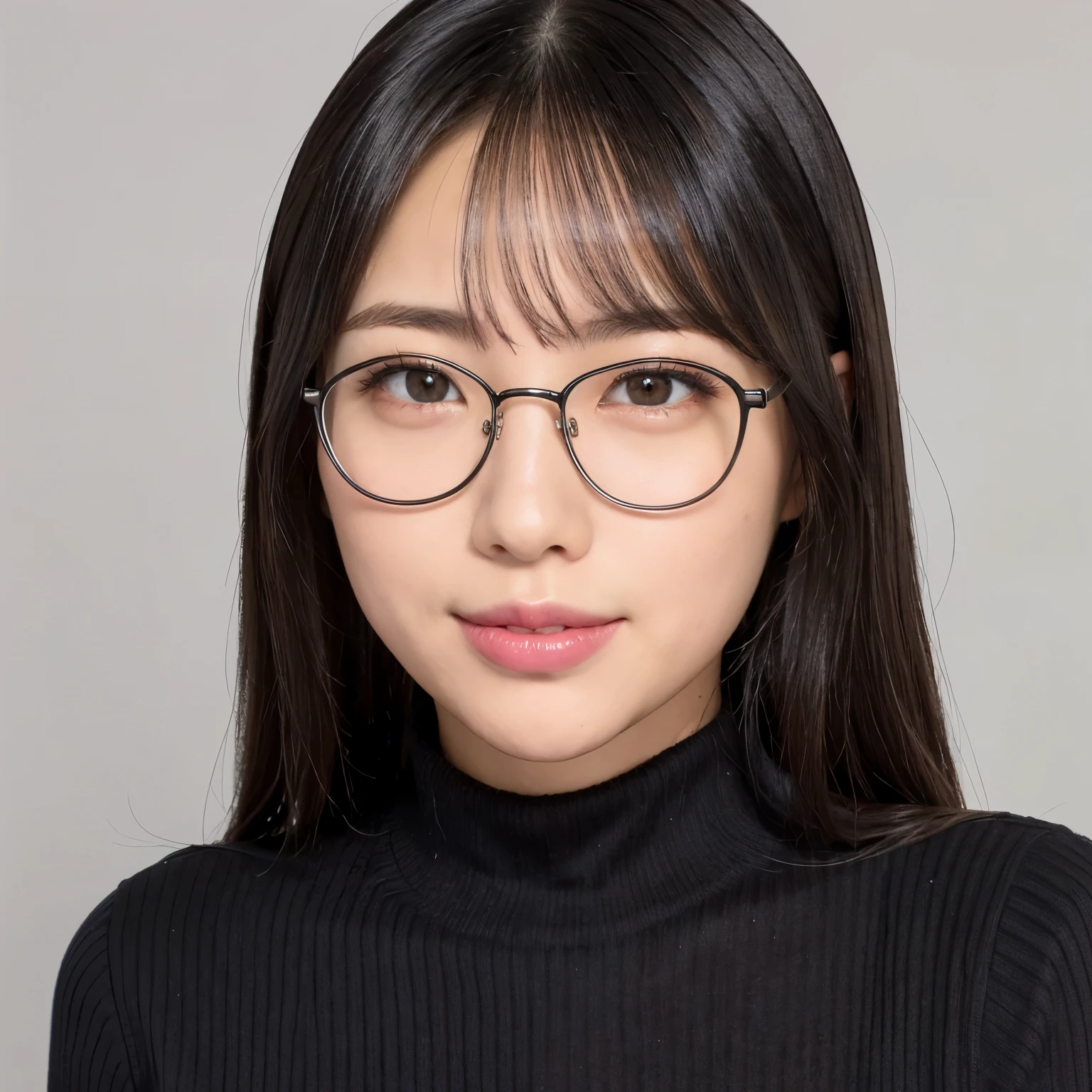 (highest quality、table top、8k、best image quality、ultra high resolution、Award-winning work)、one beautiful woman、alone、(Classy glasses:1.1)、accurate anatomy、(close up of face:1.2)、(Perfect black turtleneck long knit sweater:1.2)、smooth long knit sweater、ultra high resolutionの艶と潤いのある美肌、ultra high resolutionの美しい顔、ultra high resolutionの煌めく瞳、ultra high resolutionの完璧な歯、ultra high resolutionの髪の毛、look at me and smile、perfect makeup、perfect fit、precise and perfect black knit、(The simplest single color background:1.3)