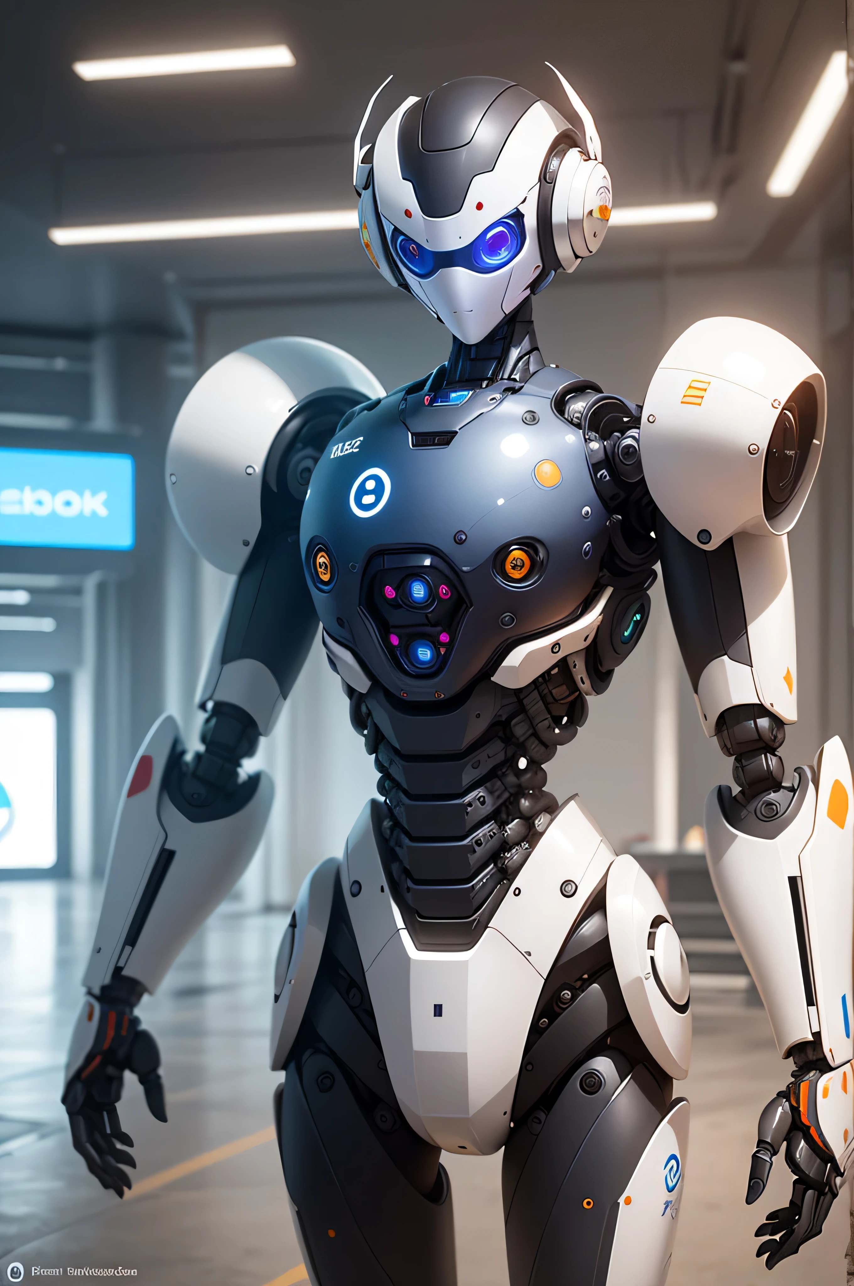 Develop an image of an ultra-realistic robot that displays a futuristic aesthetic and an abundance of technology. This robot should incorporate visual elements that symbolize integration with major social networks such as Instagram and Facebook. Make sure the robot has an impressive, modern look, with meticulous details that emphasize its technological sophistication. Be inspired by advanced concepts of artificial intelligence and robotics, creating a visual representation that conveys a sense of innovation and connection to the digital world. The image should perfectly reflect the idea of a contemporary robot, establishing a harmonious relationship between high technology and interaction with social networks, as if this robot were the perfect ambassador of the technological revolution and the world of social media. Integrate the distinctive symbols of Facebook, Instagram and WhatsApp elegantly into the robot image. For example, the Facebook logo can be embedded as a holographic screen on your head, the Instagram logo can be styled as a hologram projected on your palm, and the WhatsApp symbol can be integrated as a pulsating notification light on your chest.