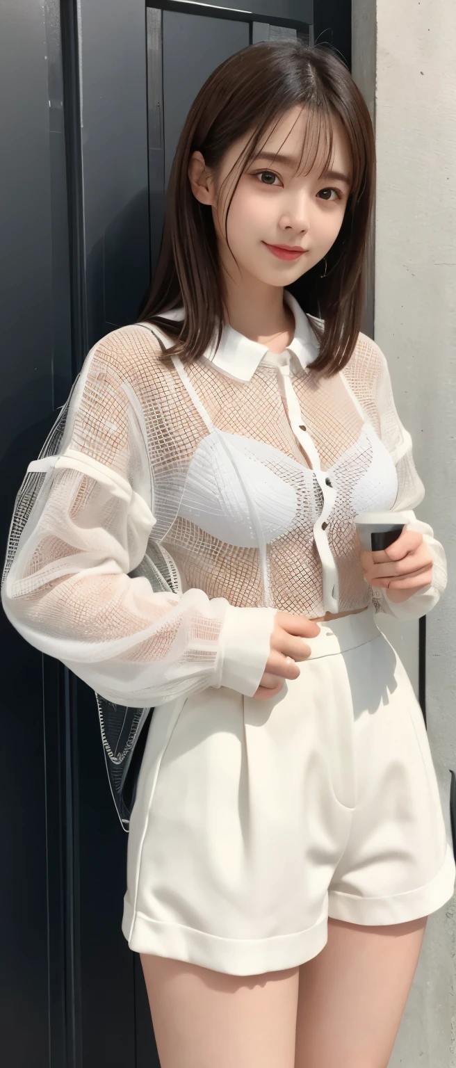 neat idol、whole body、good style、、、、、Mesh jacket、White Tight Shorts、brown hair