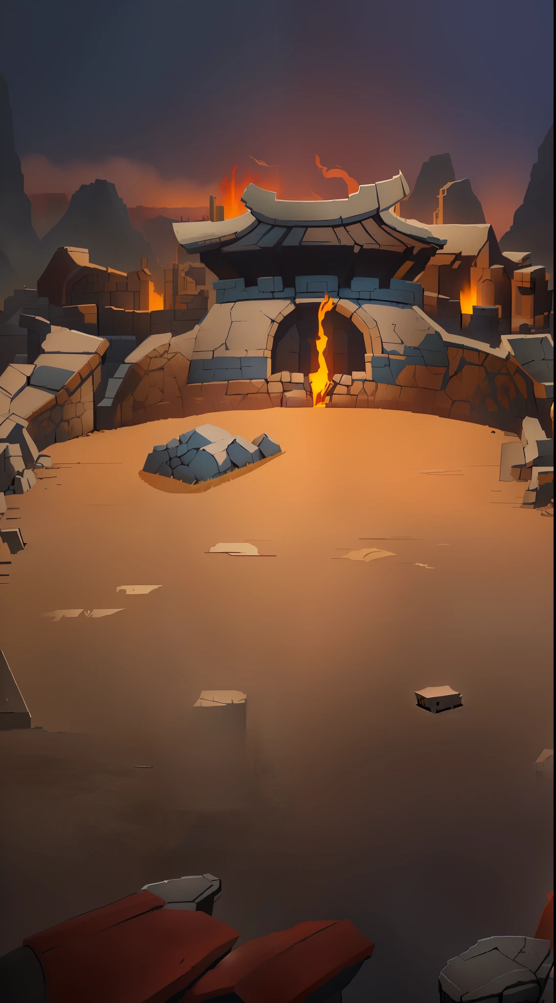 Cartoon scene of the Three Kingdoms towers burning with war, odin's stone Stadium Background, Stadium Background,  Game background, stylized concept art,, background art, pub background, dungeon background, battlefield background, stylized game art, Game background, campfire background, Depicted as game concept art, Ancient ruins background，anime style