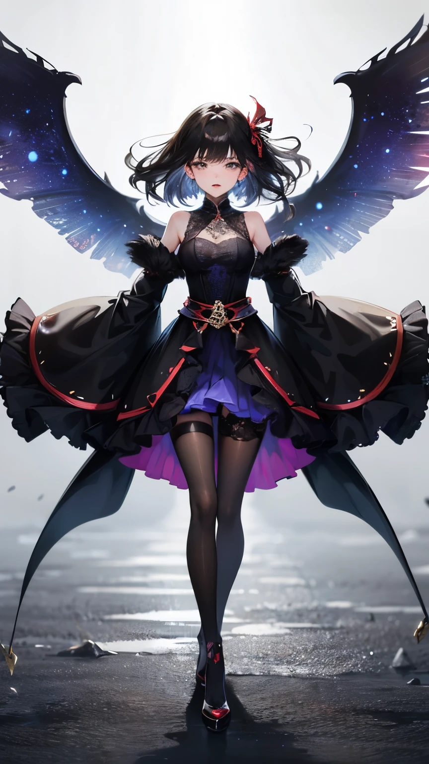 monster girl, whole body, have wings, long black hair, tights, High heel, Night sky as background, Enchanted look,