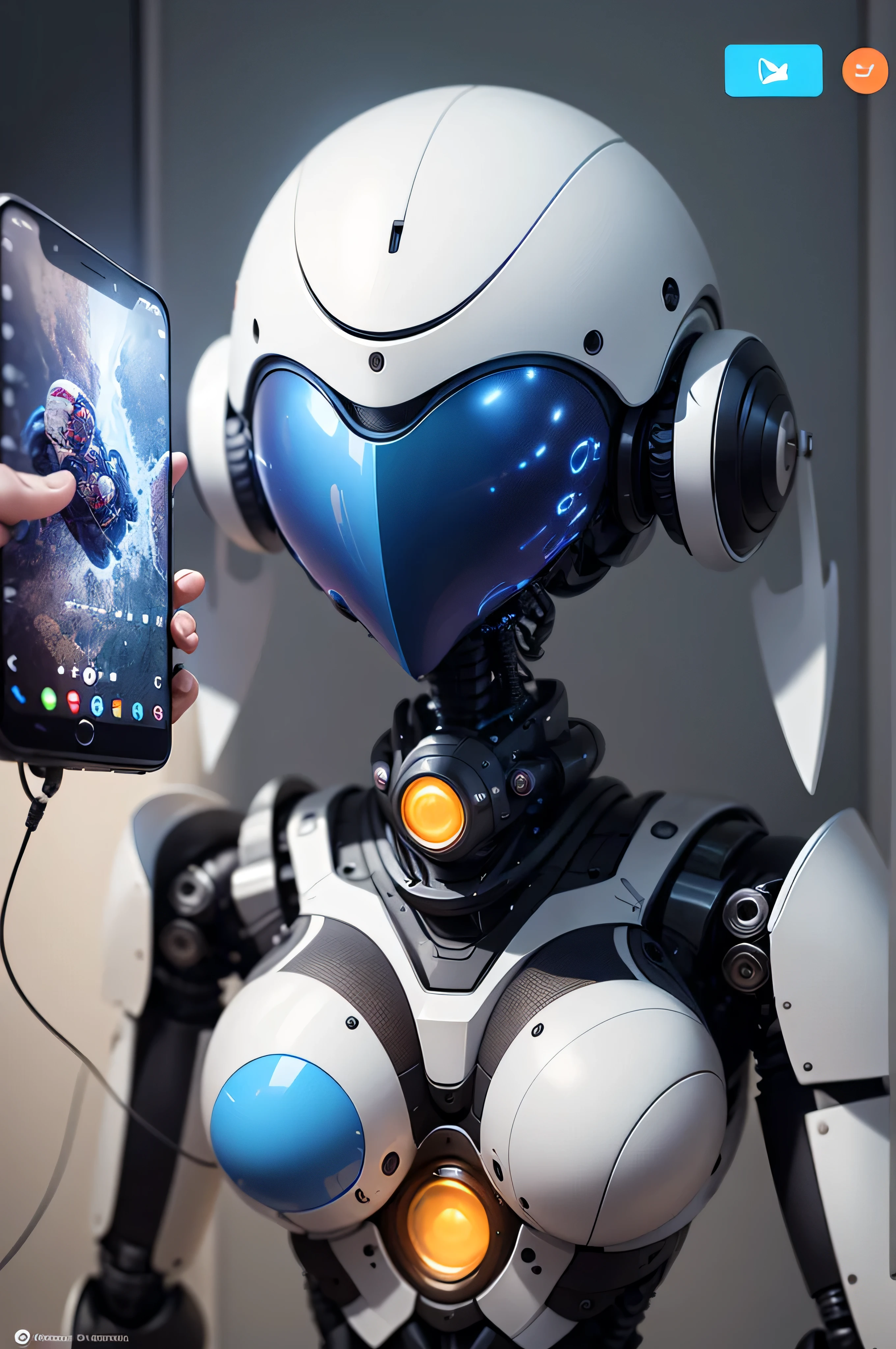 Develop an image of an ultra-realistic robot that displays a futuristic aesthetic and an abundance of technology. This robot should incorporate visual elements that symbolize integration with major social networks such as Instagram and Facebook. Make sure the robot has an impressive, modern look, with meticulous details that emphasize its technological sophistication. Be inspired by advanced concepts of artificial intelligence and robotics, creating a visual representation that conveys a sense of innovation and connection to the digital world. The image should perfectly reflect the idea of a contemporary robot, establishing a harmonious relationship between high technology and interaction with social networks, as if this robot were the perfect ambassador of the technological revolution and the world of social media. Integrate the distinctive symbols of Facebook, Instagram and WhatsApp elegantly into the robot image. For example, the Facebook logo can be embedded as a holographic screen on your head, the Instagram logo can be styled as a hologram projected on your palm, and the WhatsApp symbol can be integrated as a pulsating notification light on your chest.