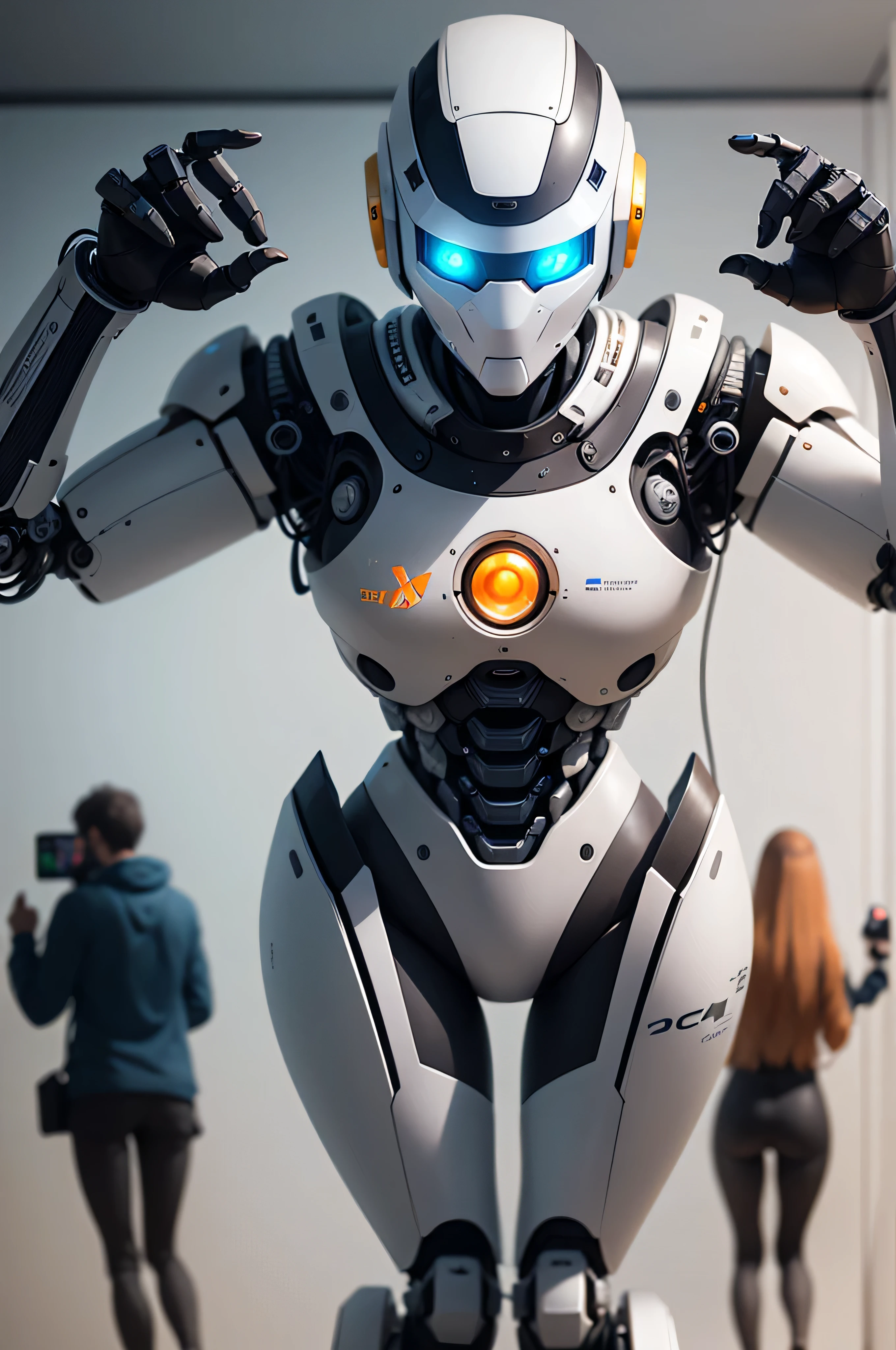 Develop an image of an ultra-realistic robot that displays a futuristic aesthetic and an abundance of technology. This robot should incorporate visual elements that symbolize integration with major social networks such as Instagram and Facebook. Make sure the robot has an impressive, modern look, with meticulous details that emphasize its technological sophistication. Be inspired by advanced concepts of artificial intelligence and robotics, creating a visual representation that conveys a sense of innovation and connection to the digital world. The image should perfectly reflect the idea of a contemporary robot, establishing a harmonious relationship between high technology and interaction with social networks, as if this robot were the perfect ambassador of the technological revolution and the world of social media. Integrate the distinctive symbols of Facebook, Instagram and WhatsApp elegantly into the robot image. For example, the Facebook logo can be embedded as a holographic screen on your head, the Instagram logo can be styled as a hologram projected on your palm, and the WhatsApp symbol can be integrated as a pulsating notification light on your chest.