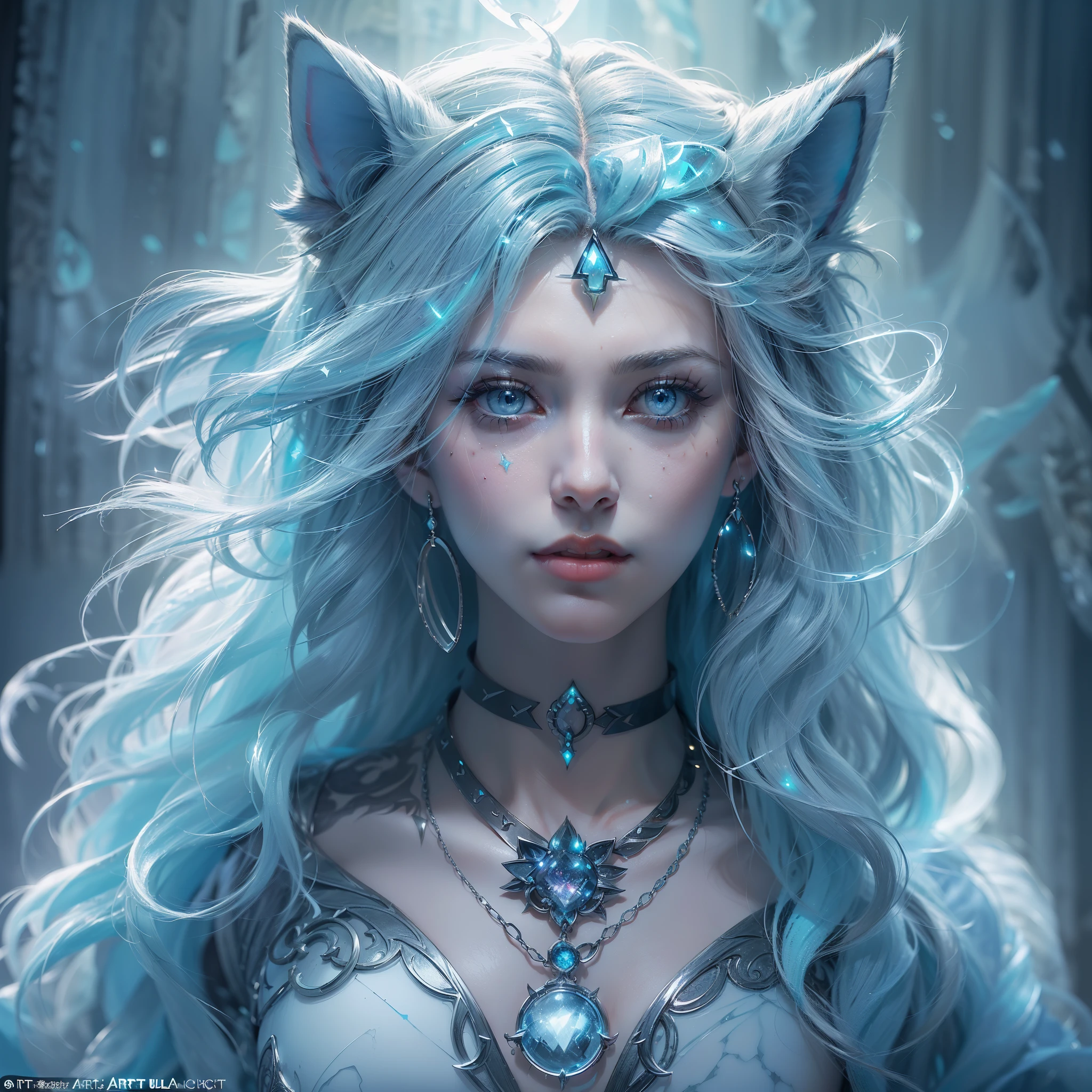 (award-winning masterpieces galore, incredibly detailed, textured and maximally detailed), (hyper realistic:1.4), (cat ears on head:1.6), (realistic:1.3), (close-up of upper body:0.4), (top quality realistictextured skin), (dense circular symmetrical eyes), finely drawn face, ((medieval world)), (full body portrait:1.5), ((Lord Ice Devil)), ((Lord Frozen Arctic Devil)), (full body view), (she had a bright icy look in her eyes), (she had a mischievous smile on her face(mischievous smile on her face), (eyes glowing blue in the dark: 1.5), (ice blue eyes with a strong blue glow from within), (full body standing image: 1.5), (bioluminescence, (ice and strong wind swirling in the background), (dramatic light), (magnificent view), (her expression is gentle and beautiful, but a bit(dramatic photo:1.4), (dramatic pose), (gorgeous photo), (blue hair), (silver hair), (chestnut hair), ((looking up)), ((looking down)), (elaborately crafted simple necklace hanging around her neck), ((scary)), (glass earrings in her ears, (dramatic photo:1.4), ((dramatic pose)), ((gorgeous photo))(brilliant bioluminescence: 1.3)), (flashy ice magic: 1.2)), (swirling ice and snow), Satanic great temple, Satanic great temple, great temple, cathedral, temple ruins, temple away from temple, (glowing magic circle: 1.5), ancient castle ruins, glowing majestic cloud mass and sky, lightning, epic realistic, (Glowing Magic Formations: 1.5), Ancient Castle Ruins, Glowing Majestic Cloud Masses and Sky, Lightning, epic realisticFaded, Art, (Greg Rutkowski:0.8), (Teal and Orange:0.4), (Art Station:1.5), Cinematic, ((Midtones)), (HDR:1.5), (Subdued Color:1.2), Highly Detailed, Dramatic Light, (Complex Detail:1.1), Complex Background