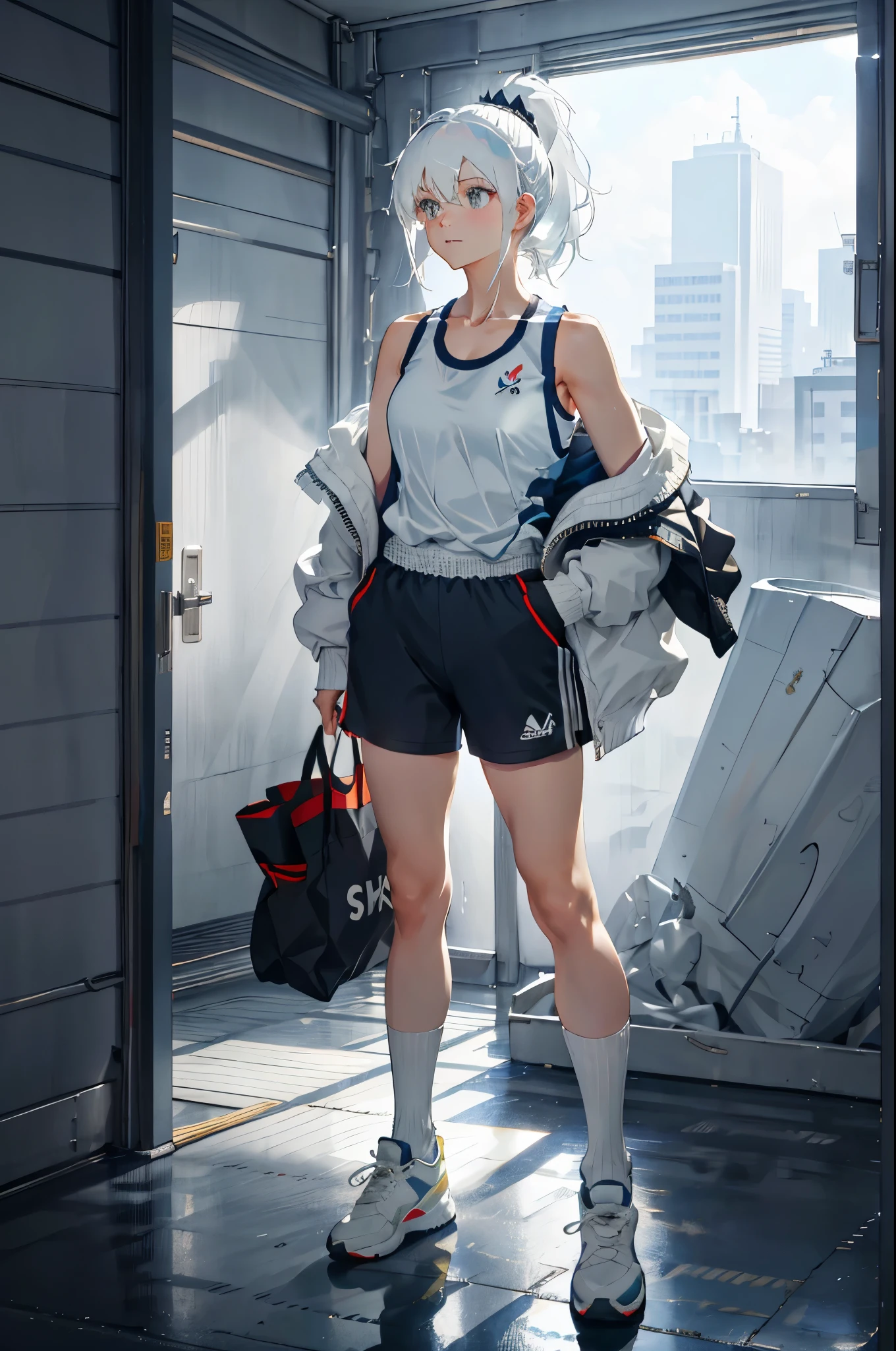 Big ,Off the shoulders,white hair,high ponytail,stand up,sportswear,Camisole vest,Leakage at collarbone,Air leakage in neck,knee socks