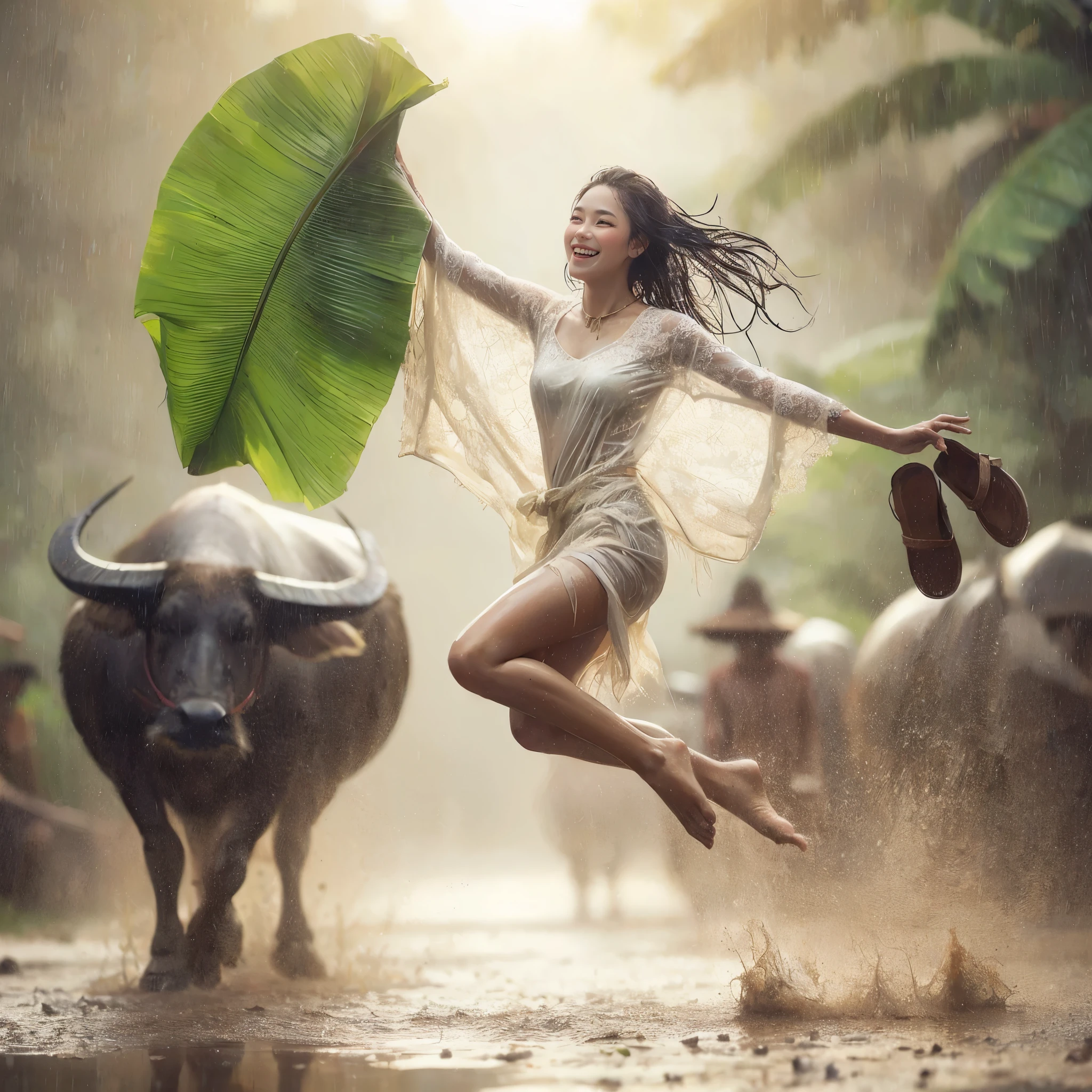young Indonesian beautiful woman, wearing a wet white kebaya, long hair, heavy rain, right hand holding one a wide banana leaf, left hand carrying sandals, muddy road,she is high jumping and down dancing and laughing happily, the background is a farmer, a buffalo , much water splash effect. HD professional photographer, epicrealism models, atmospheric impressionism, bokeh, film dramatic realism,ultra upscale ultra detail on facial skin, soft focus realism --ar 36:61 --stylize 7