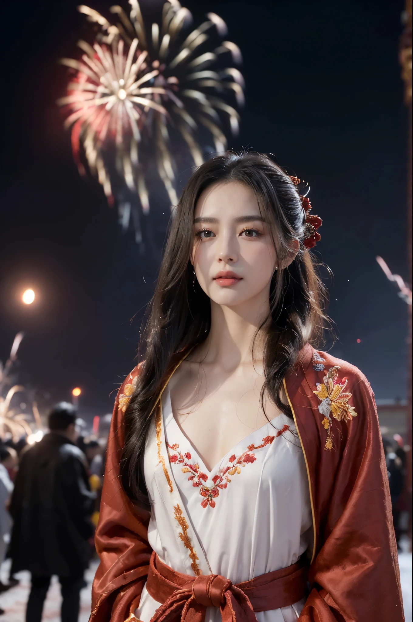 ((((8k))),((Extremely meticulous CG)) ,(wallpaper),16k,((Extremely refined and beautiful)),(((Masterpiece))),(((best qualtiy))),(((Ultra High Resolution))),beautiful light up,Perfect lightning,realistic shaded,[A high resolution],(Smooth and flawless fair skin:1.5),(pale skin:1.3),Extremely exquisite facial details,(perfect body:1.1),ultra-detailed,A beautiful girl,solo,(small head:1.2),(short ponytail:1.1),(small face:1.2),Exquisite makeup,(flat chests:1.2),((slim,thin)),happy,(laughing:1.2),(fur collar:1.2),(Gorgeous Exquisitely embroidered fur edged red hanfu robe:1.5),(red hakama:1.2),(night scene:1.3),(a bright full moon in the sky:1.5),(outdoor:1.2),(On the street:1.3),(In ancient Chinese town:1.3),(ablaze with lights:1.3),(buildings:1.3),(lanterns:1.2),(detailed background:1.5),(standing:1.3),(arms behind back:1.3),(upper body:1.3),(from front:1.3),(surrounded by crowded crowds:1.5),(winter:1.3),(fireworks in the sky:1.3)