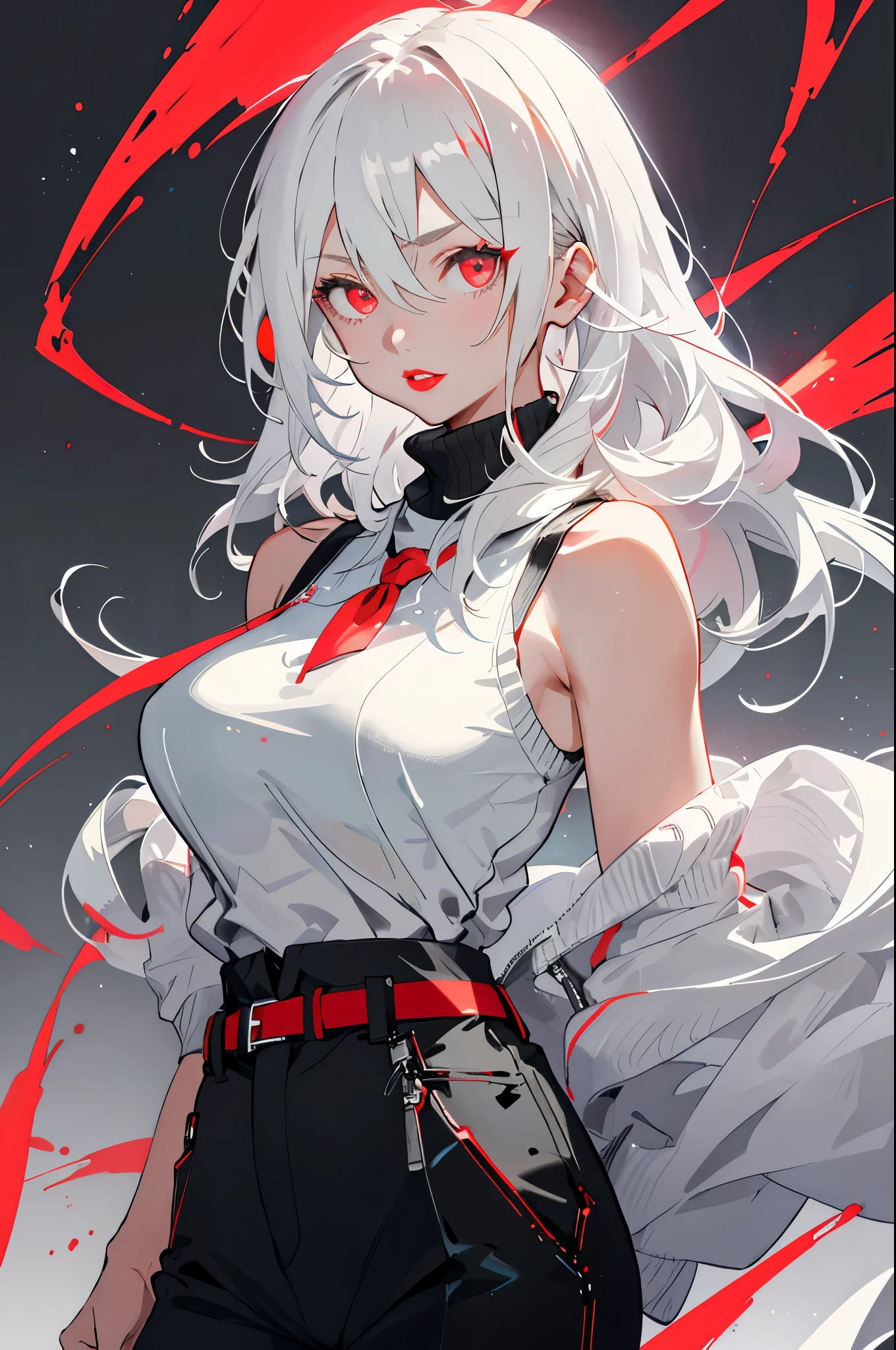 1 girl, Bangs, bare shoulders, black Pants, breast, breast squeezed together, gray background, hair between eyes, huge breast, long hair, looking at the audience, Pants, lips open, red eyes, shirt, flat bottom, sleeveless , sleeveless shirt , alone, turtleneck sweater, V arm, white hair, (Glowing skin), (masterpiece:1.4), (best quality:1.4),adult,Robbery girls,red lips