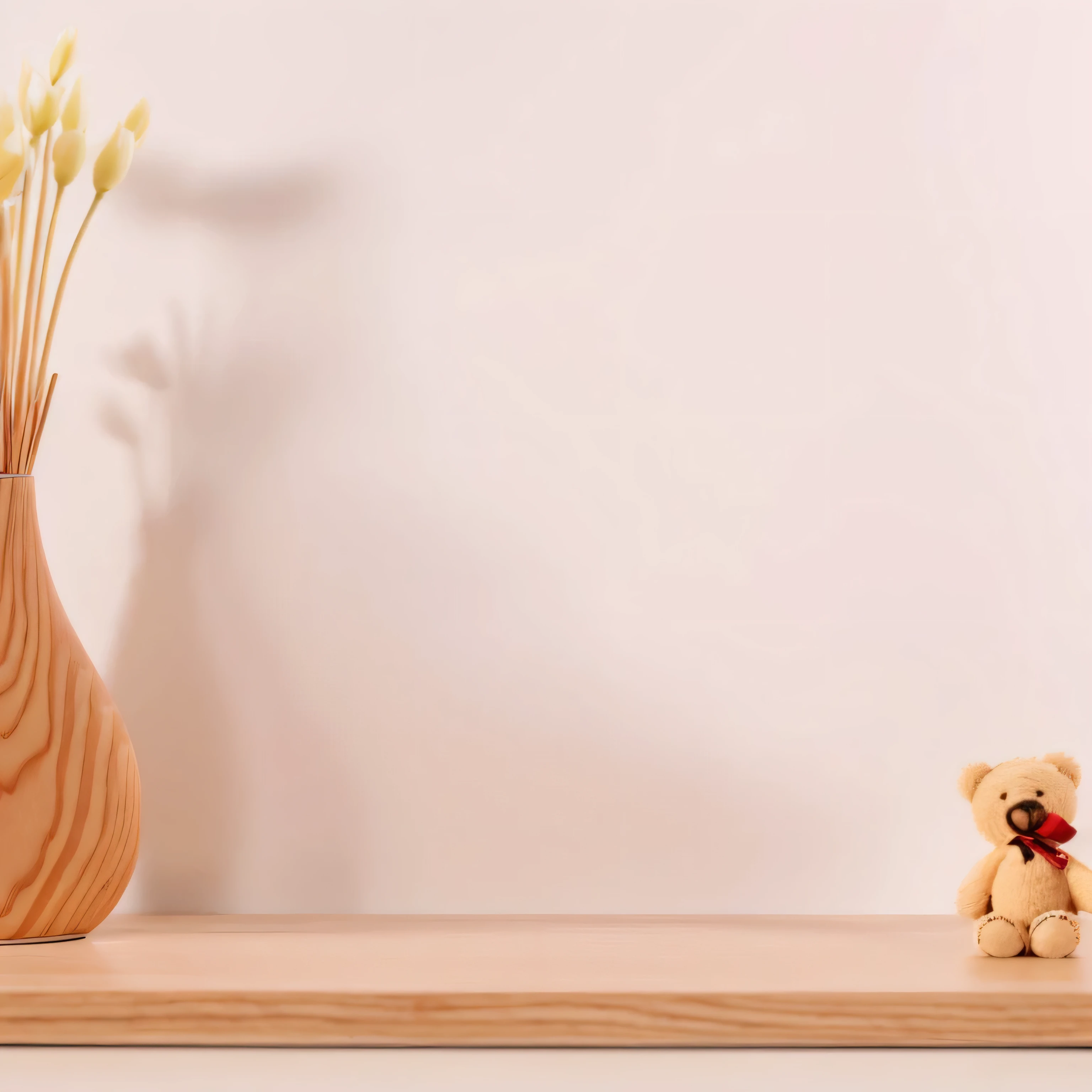 There is a vase with a teddy bear and a vase with flowers, DSLR photo of vase on table, wooden art toys on base, something made of wood, wooden decoration, Micro product photos, professional Product photography, Product introduction photos, high quality Product photography, 3D product rendering, Product photography, Product display photos, studio Product photography, High quality rendering