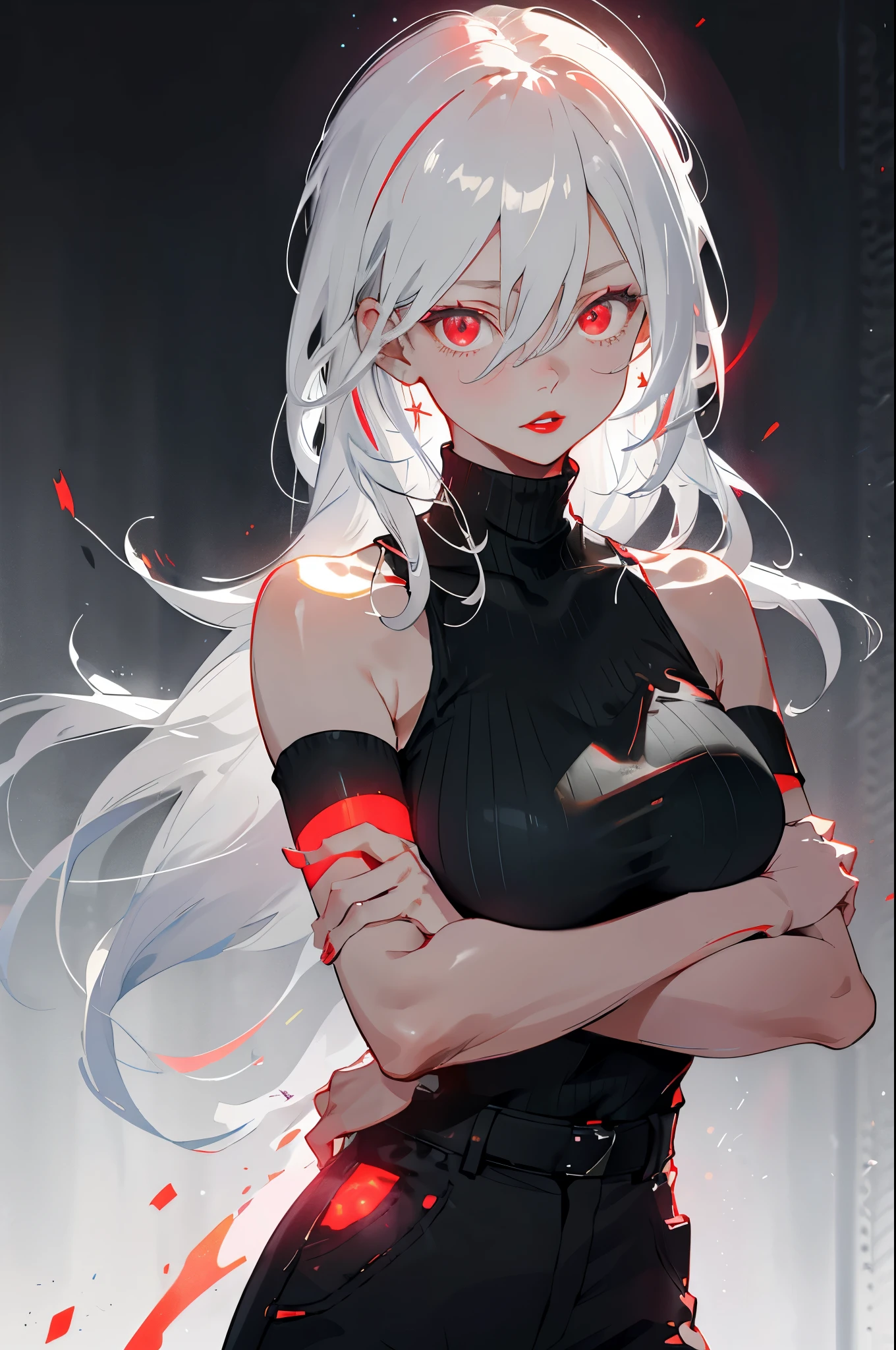 1 girl, Bangs, bare shoulders, black Pants, breast, breast squeezed together, gray background, hair between eyes, huge breast, long hair, looking at the audience, Pants, lips open, red eyes, shirt, flat bottom, sleeveless , sleeveless shirt , alone, turtleneck sweater, V arm, white hair, (Glowing skin), (masterpiece:1.4), (best quality:1.4),adult,Robbery girls,red lips