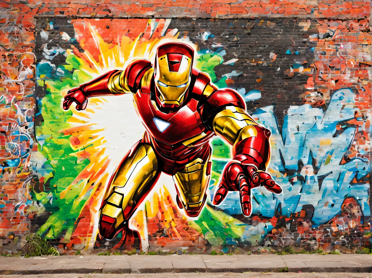 graffiti plot on a brick wall, graffiti Iron Man flies towards the viewer, graffiti style, graffiti painting