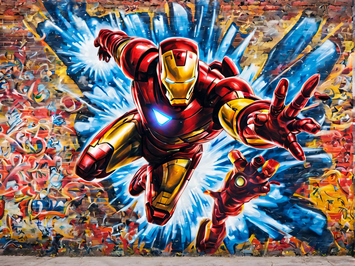 graffiti plot on a brick wall, graffiti Iron Man flies towards the viewer, graffiti style, graffiti painting