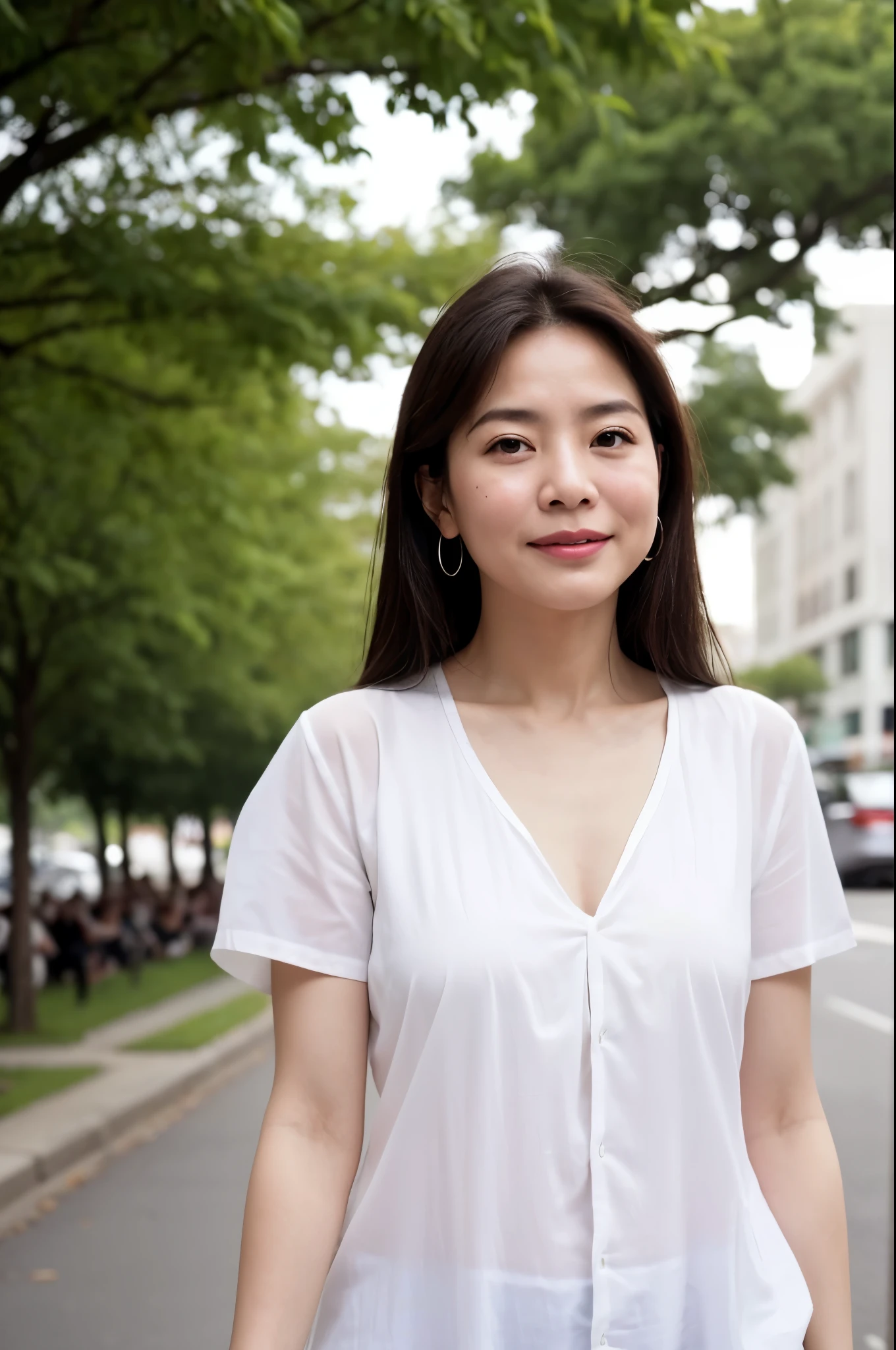 sunny,A 60-year-old lady on the roadside, The mall is the background,The woman is wearing a white shirt, Refreshing and clean outfit,The background is outdoors, Very happy expression, excited expression, Euphoria is a close-up, The shot mainly shows the upper body,Sunny and handsome face,