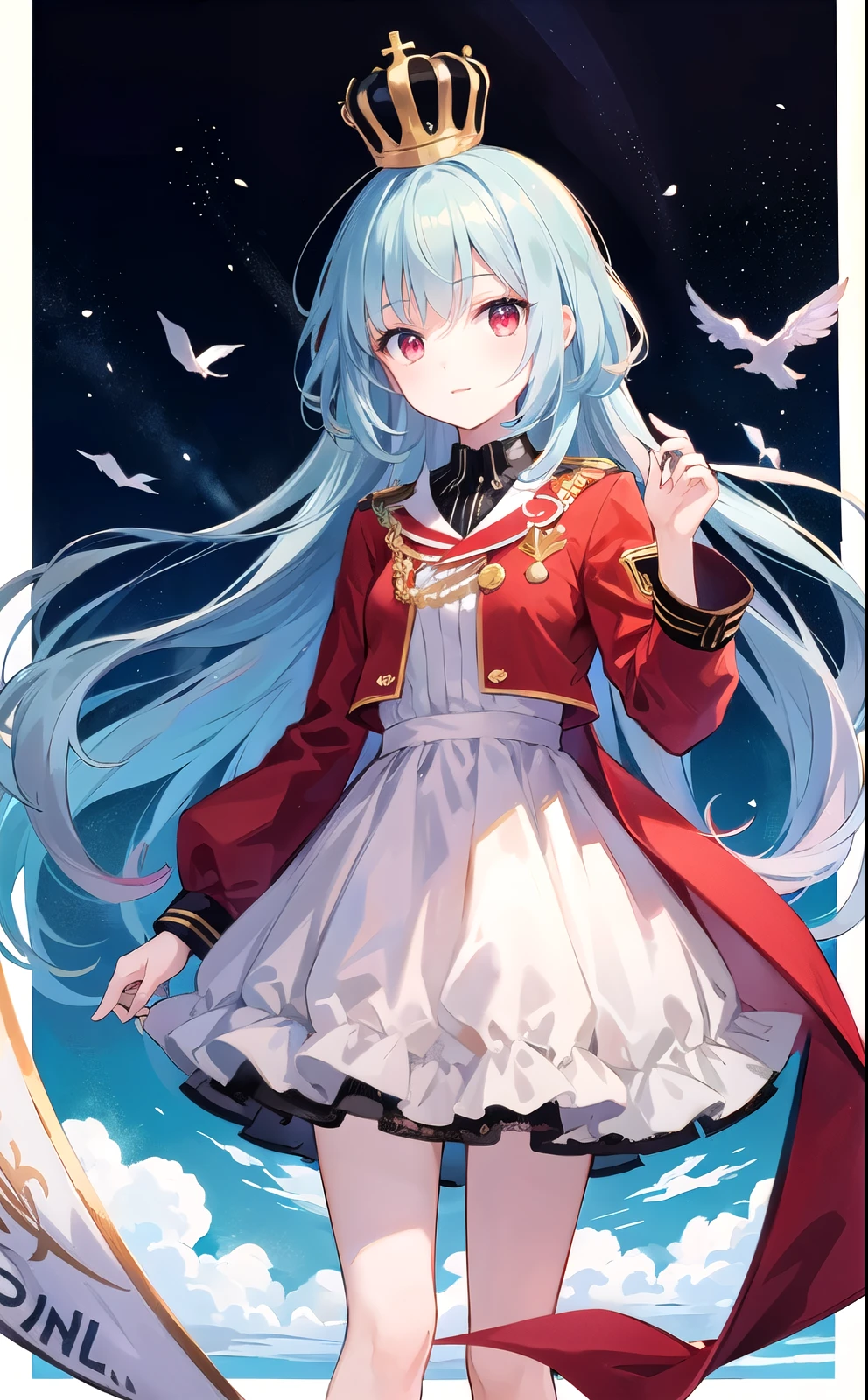 ((highest quality)), ((masterpiece)), (be familiar with), perfect face、girl、long hair、light blue hair、red eyes、uniform、crown、holding a bird in your hand