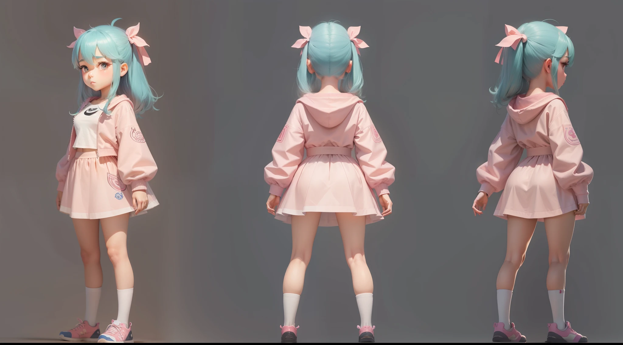 cartoon,10 year old female character,Generate three views,Front view、side view and rear view,Maintain consistency and uniformity