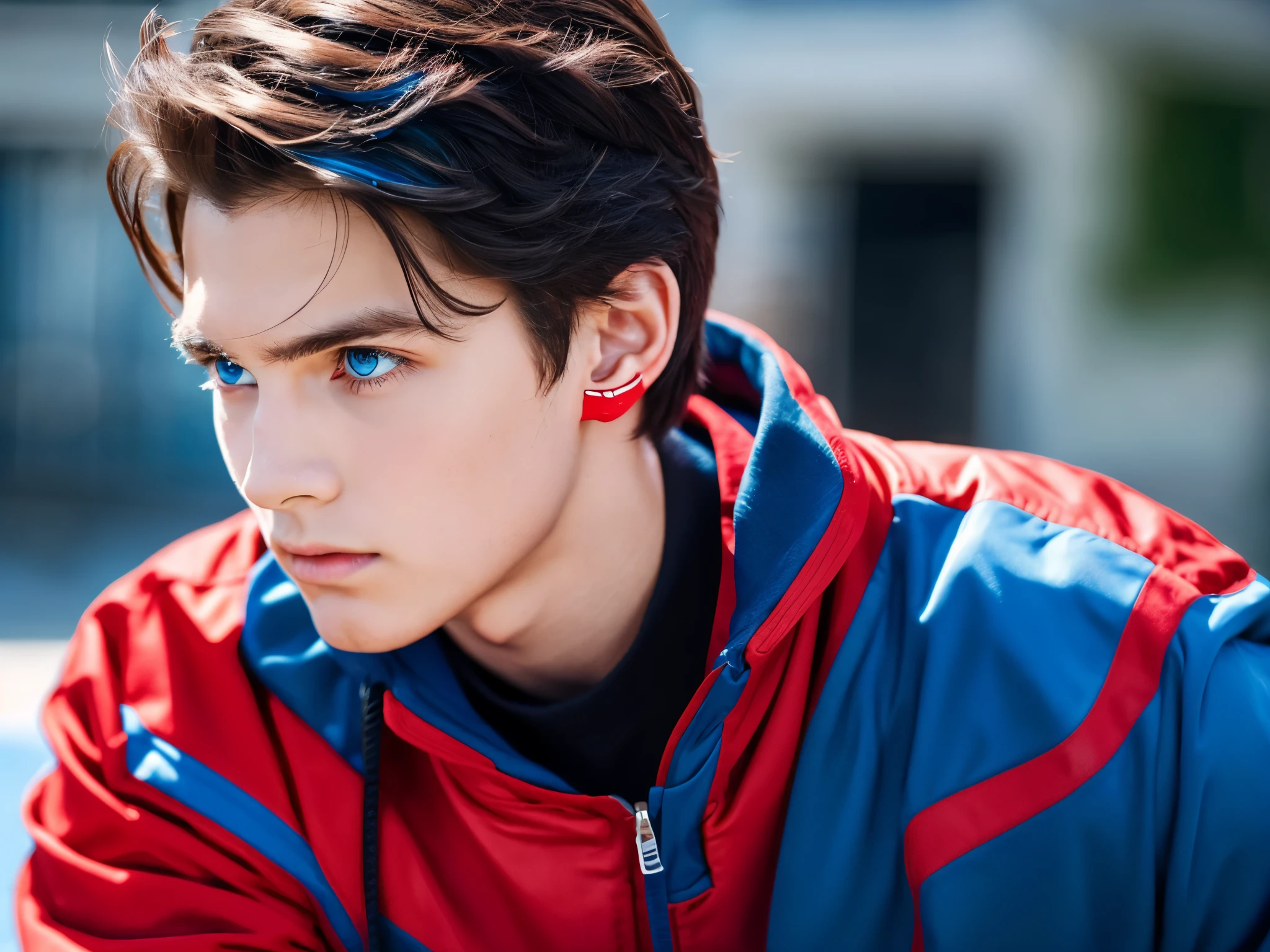 Boy in red and blue jacket, black t-shirt, red and blue eyes wearing earphones  