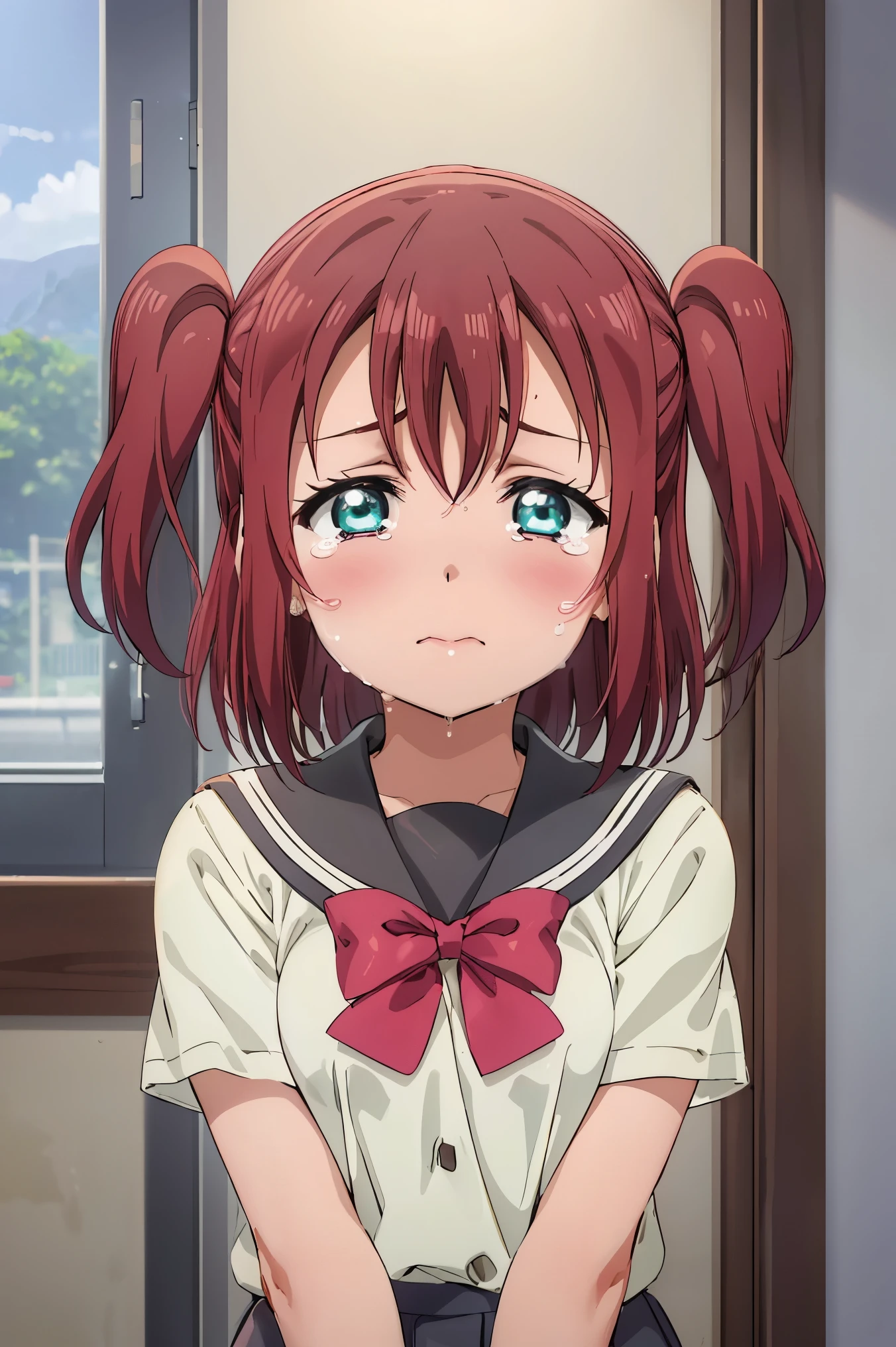 (((pixel-perfect, detail-perfect))), solo, 1girl, ruby kurosawa, uranohoshi school uniform, bowtie, looking at viewer, ((sad)), close mouth, (crying), ((upper body)), small breasts 